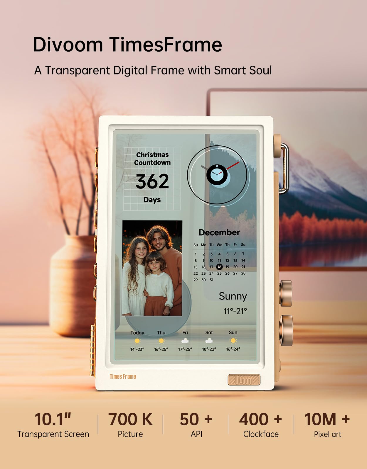 Divoom Times Frame - 64 Go de mémoire - Cadre Photo électronique de 10,1" - Écran IPS HD Transparent - Résolution HD 1280 x 800 - Cadeau pour Femmes et Hommes (Blanc)