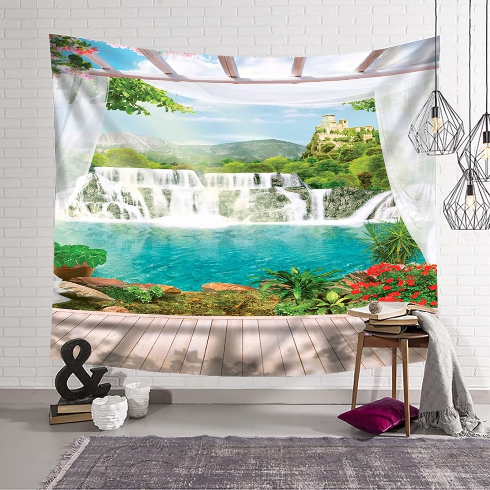 Aotiwe Wandteppich Aesthetic, Wandvorhang Groß Hofberge und Wasserfall Grün Weiß Braun Wandvorhang Boho 260x240cm