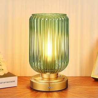 Cordless Dimmable Table Lamp for Bedroom, Long Lasting 40H Rechargeable Battery Operated Lamp, Modern Wireless Lamps Green Glass Shade for Living Room, Desk, Led Bulb Included