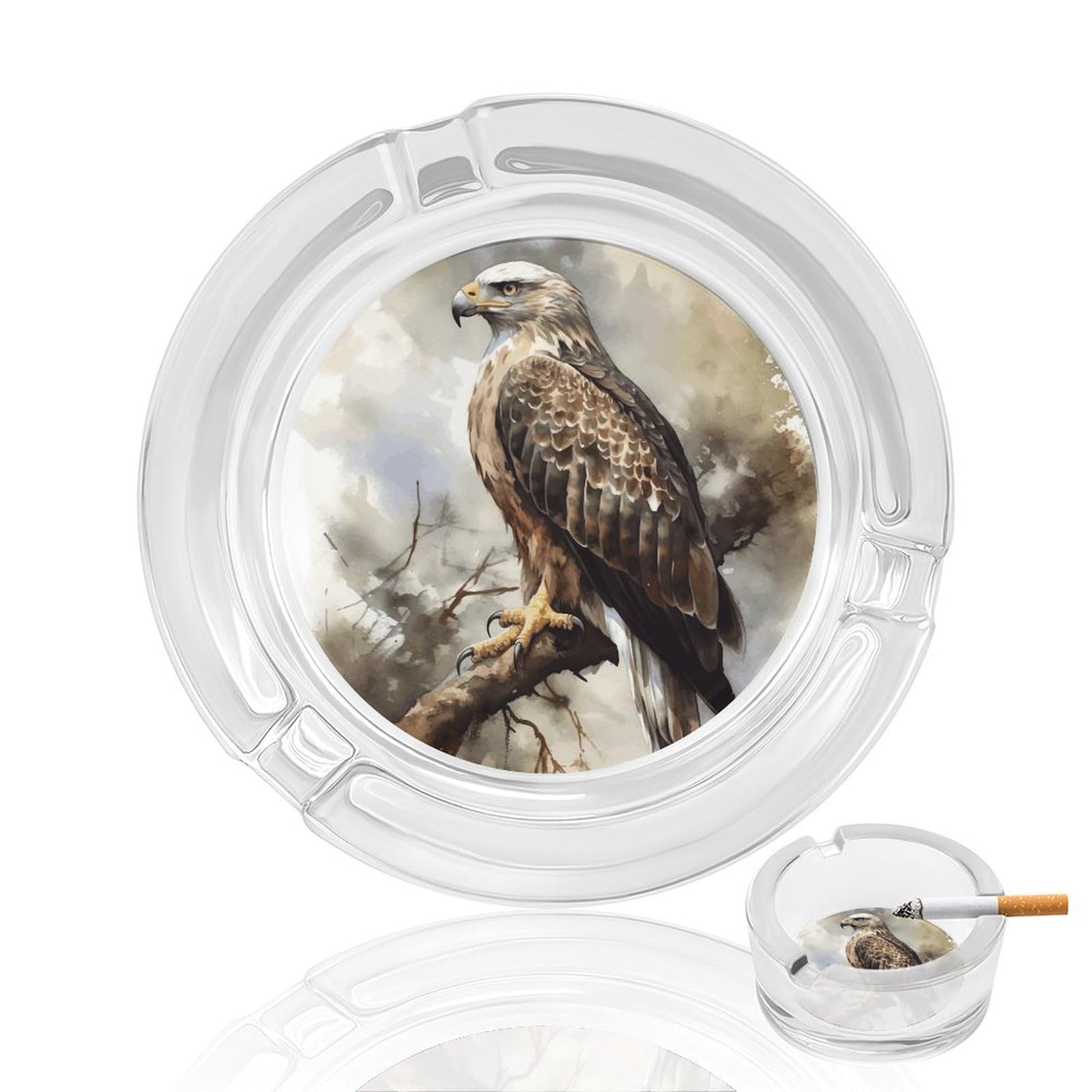 Watercolor of Hawk Sitting in The Tree Ashtray Cigar Cigarette Rest Glass Outdoor Cigar Ashtrays with 3 Grooves Travel Cigar Ashtrays Fancy Cute Cool Ash Tray for Smokers Tabletop