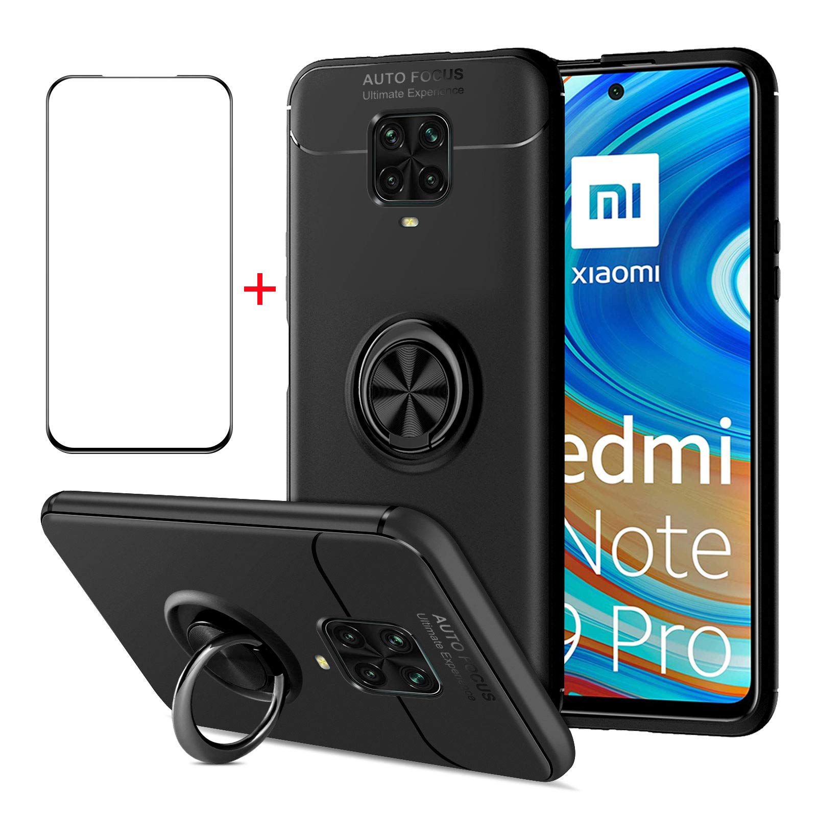 AKABEILA Case Xiaomi Redmi Note 9 Pro Max Case Screen Protector Tempered Glass, Compatible for Xiaomi Redmi Note 9S/Xiaomi Poco M2 Pro Phone Case Cover Silicone Kickstand Ring Grip Holder Shockproof