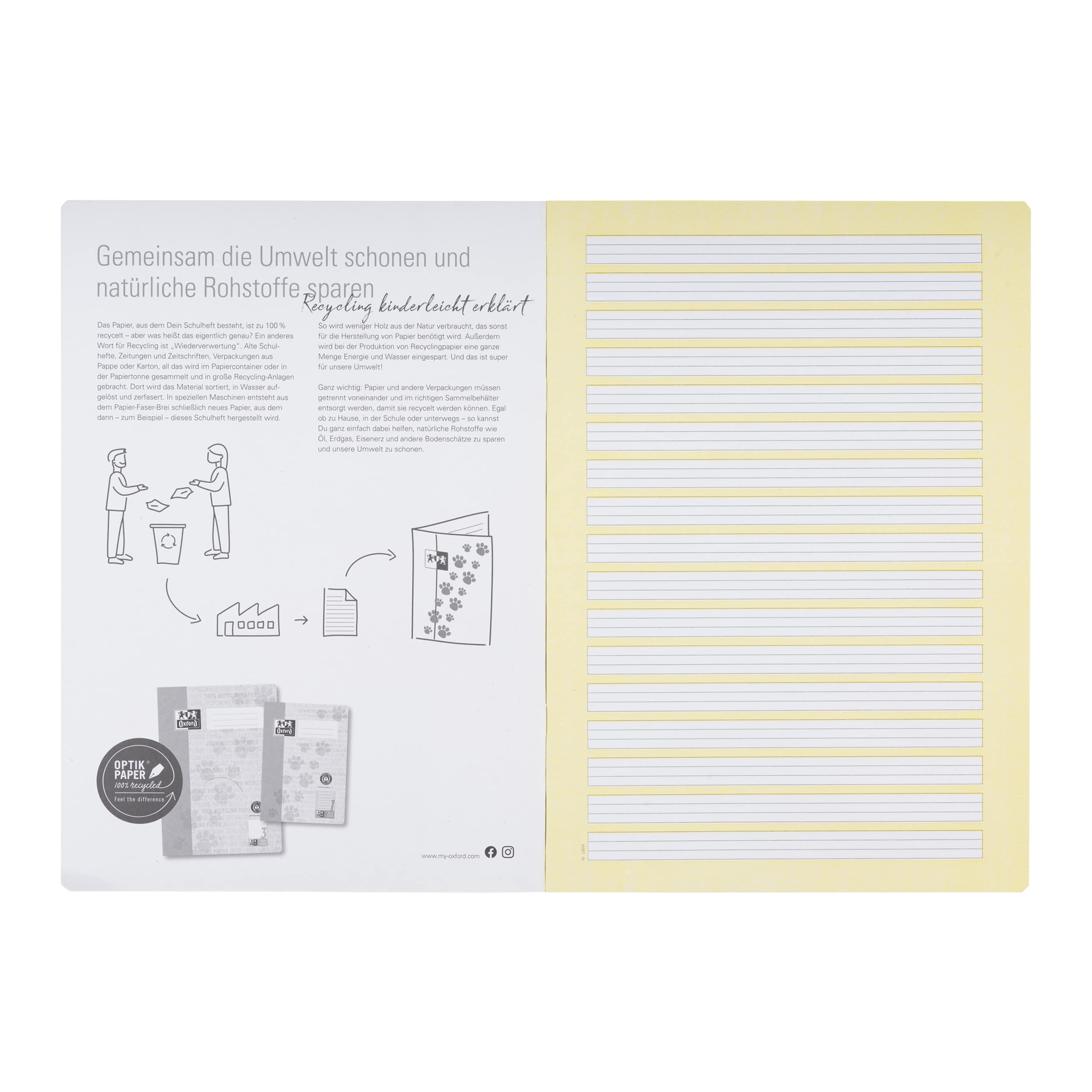 Oxford Schulheft A4 Recycling, 16 Blatt, Lineatur 2, liniert, 15 Stück