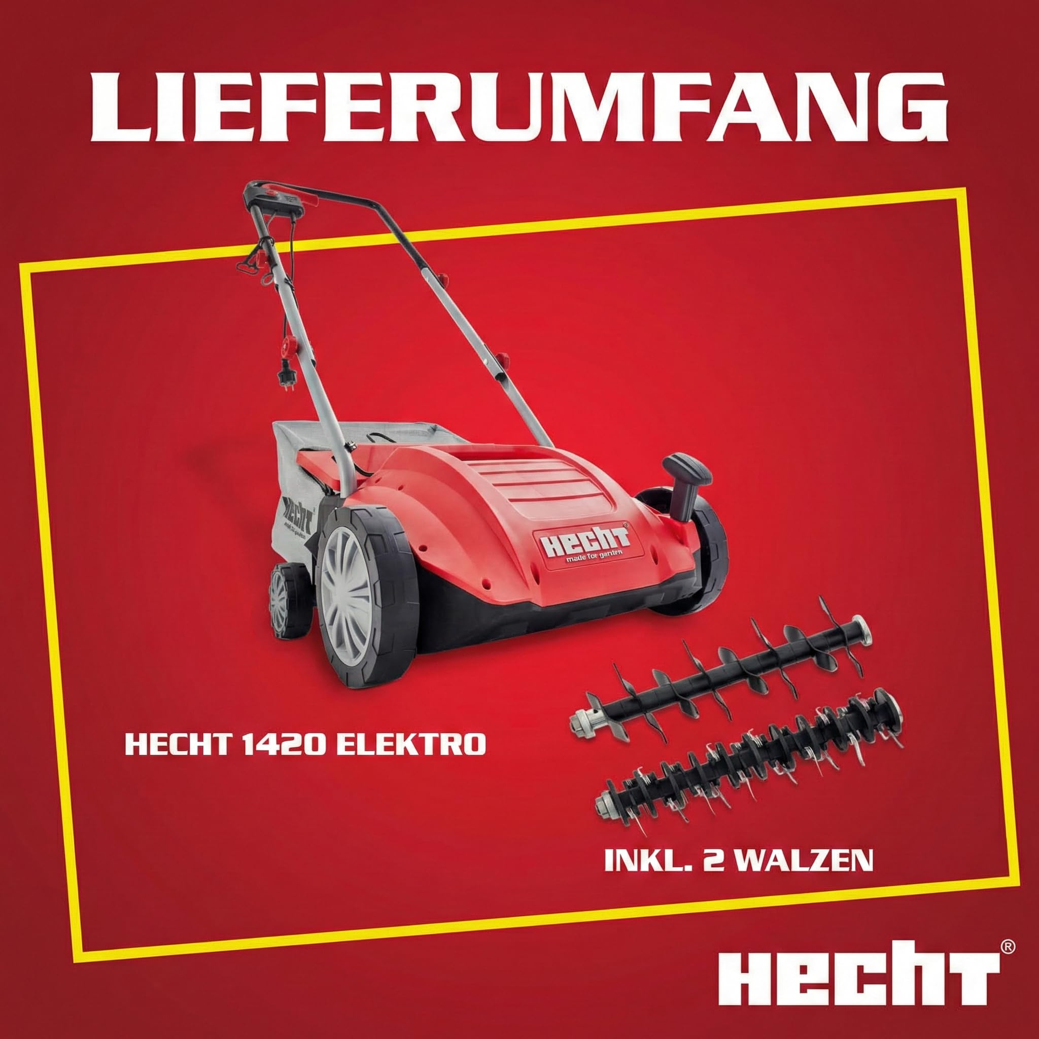 HECHT brandneuer 2 in 1 elektro Vertikutierer - Vertikutierer Elektro für einen schönen grünen saftigen Rasen – Starke 1500 Watt mit Lüfter- und Messerwalze - großzügiger 35l Auffangsack – elektrisch