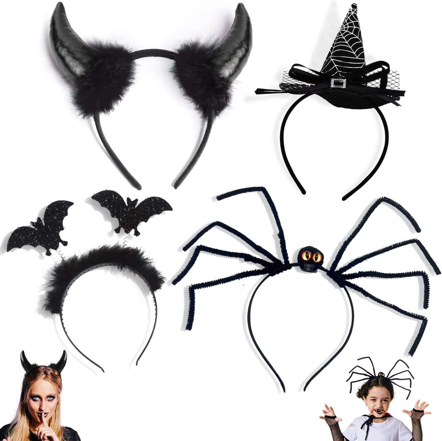 4PCS Halloween Headband Set - Spider, Bat, Witch Hat, Devil Horns for Women's Dress Up and Role Play - Party Favors and Accessories