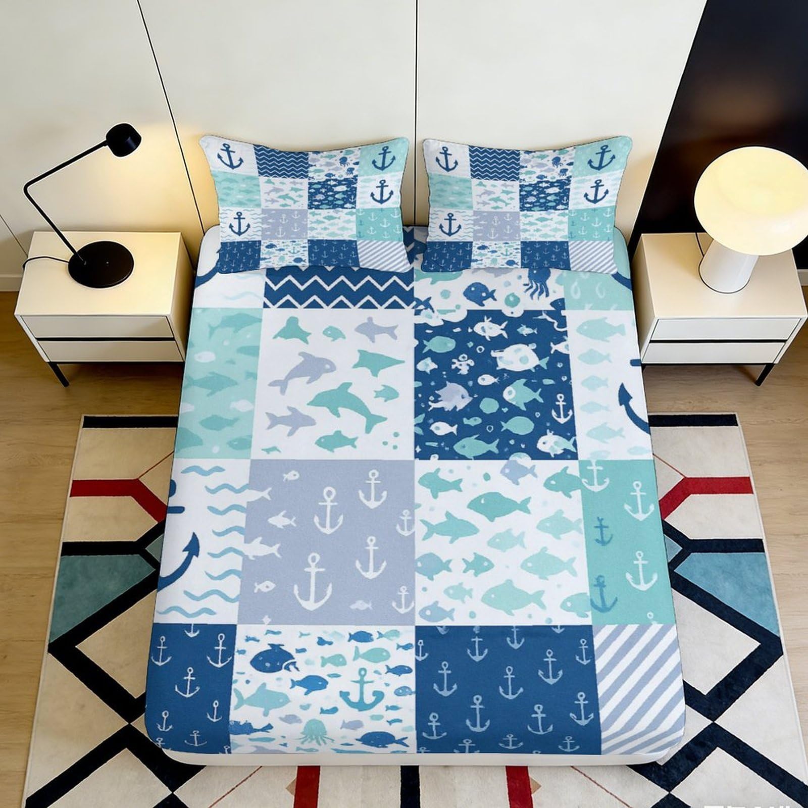 3D Printed Nautical Patchwork Fitted Sheet Microfiber Soft Blue Anchor Bed Sheet for Bedroom Guestroom Decor 90x200x25cm