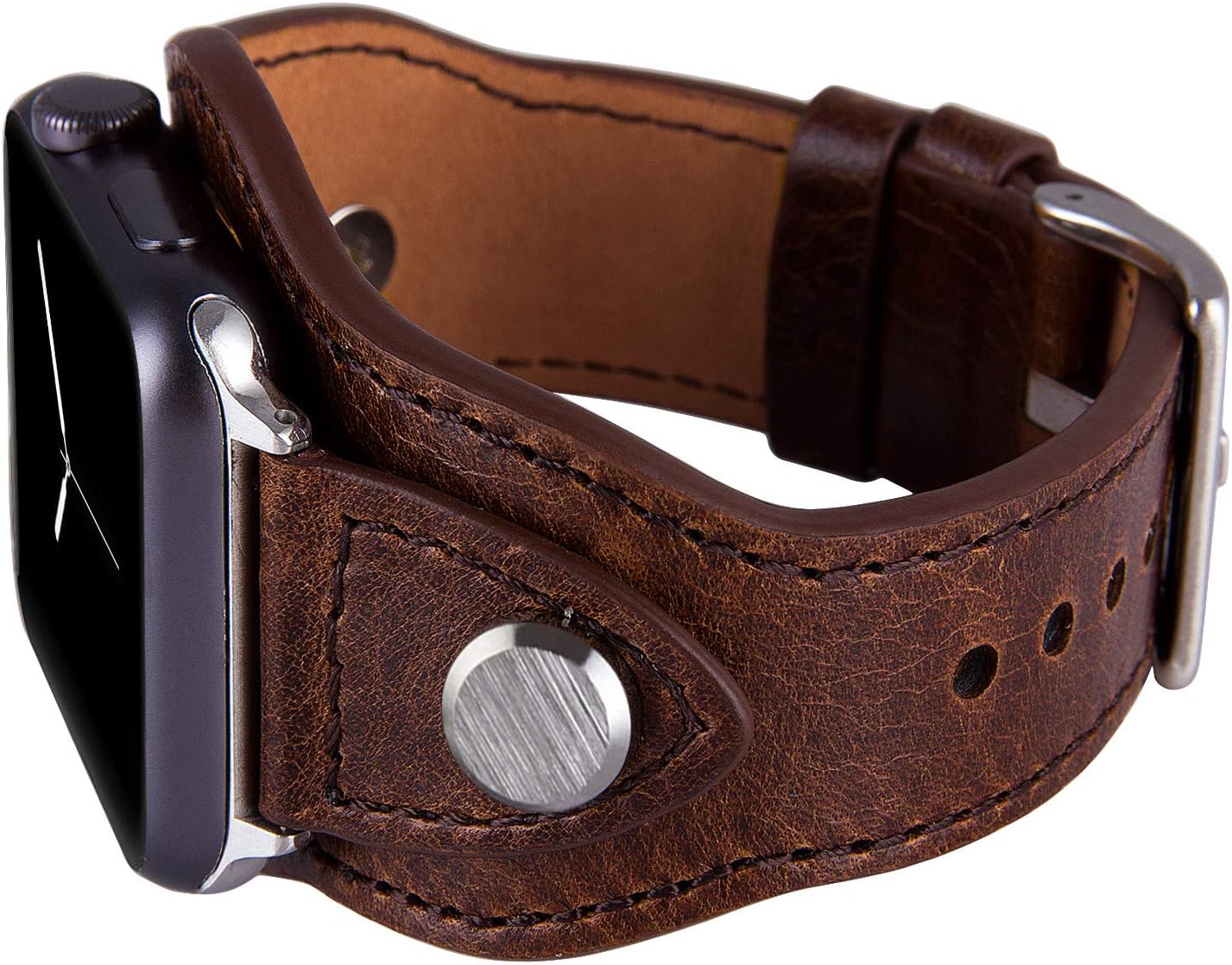 VIQIV Cuff Bracelets Bands For Compatible With Apple Watch 38mm 42mm 41mm 40mm 44mm 45mm Iwatch Series SE 7 6 5 4 3 2 1, Dressy Leather Metal Jewelry Wristband Strap For Women Men Coffee