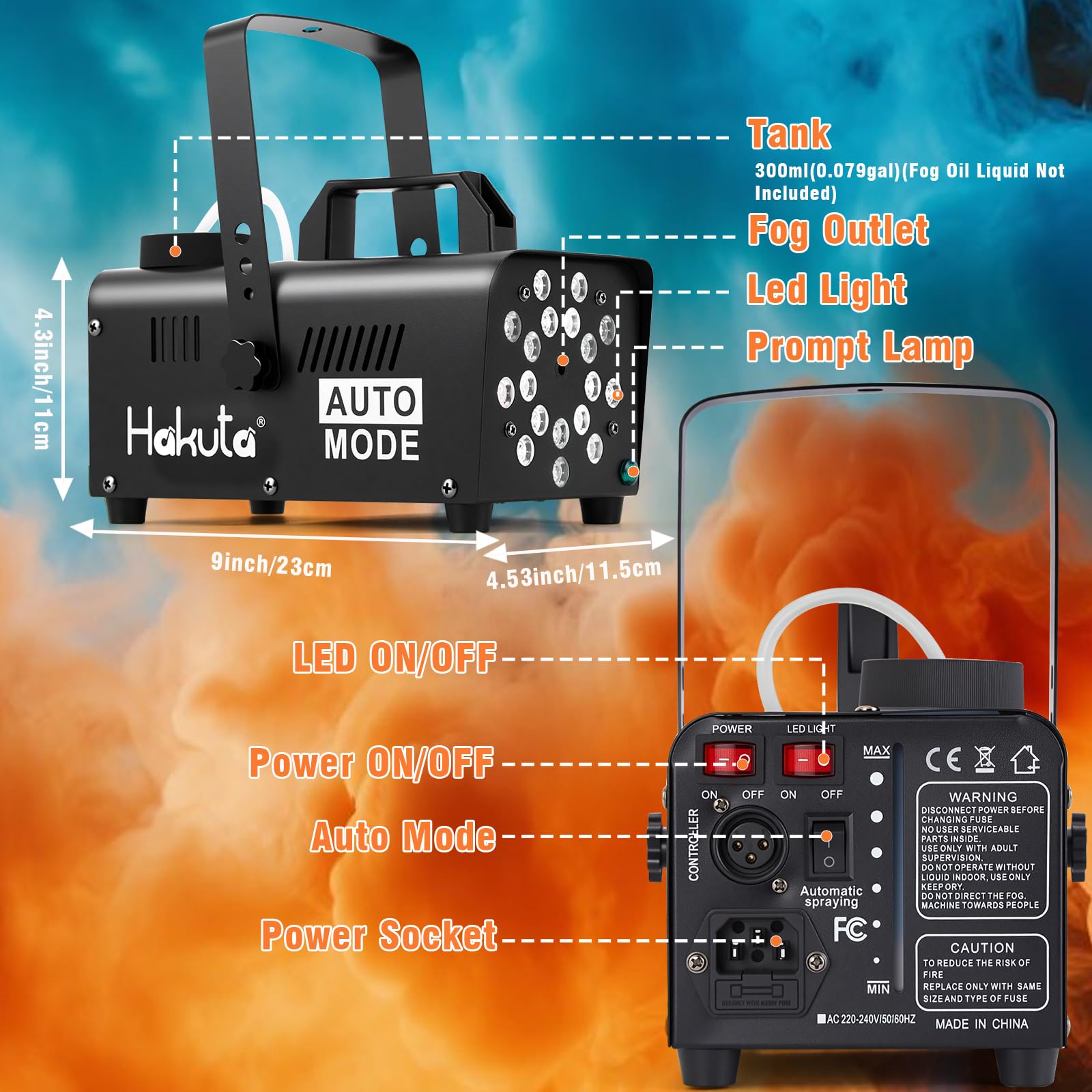 Hakuta Máquina de Humo con 18 Luces LED, Máquina de Niebla Automática para Halloween, Bodas y Fiestas DJ con Modos Carrera