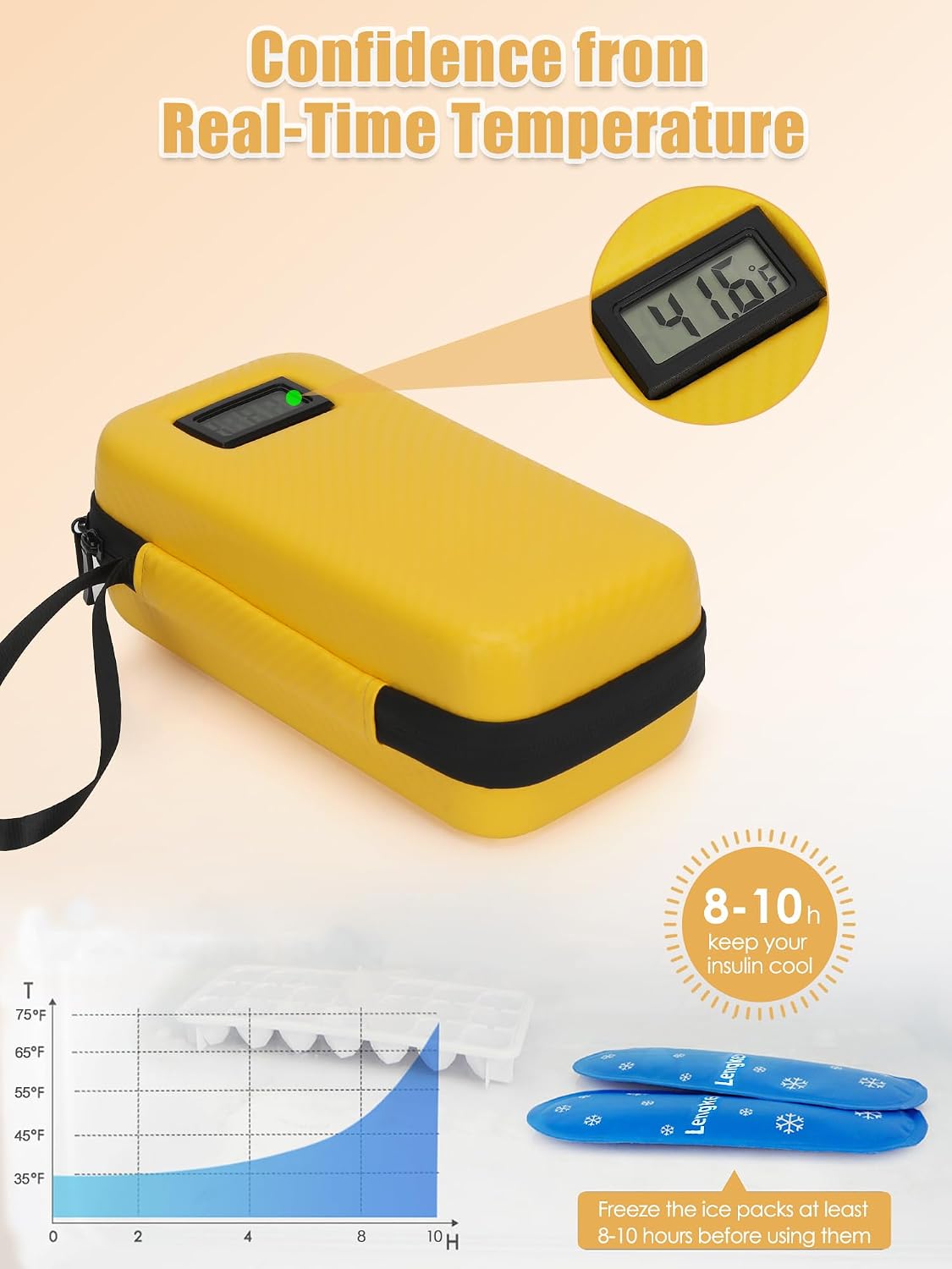 Insulin Cooler Travel Case with 2 TSA Approved Gel Ice Pack for Insulin Syringe and Diabetic Supplies, Temperature Display Diabetic Travel Case (Yellow) image 4