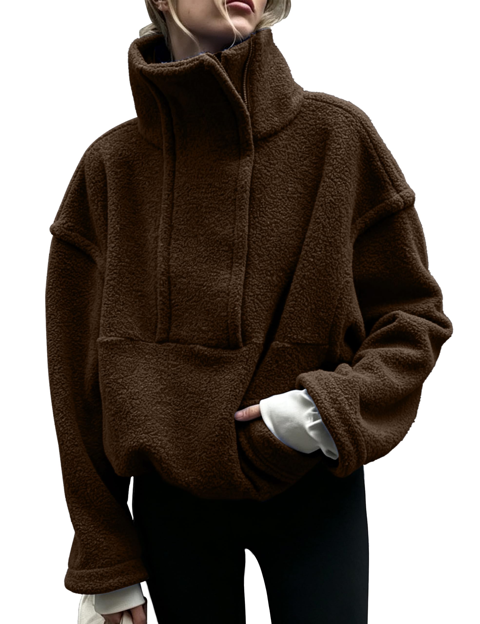 Kumufenc Womens Oversized Fleece Pullover Half Zip Sherpa Jacket | Mock Neck Sweatshirt, Zipped Hand Pockets, Winter Warm Coat, Fuzzy Sweater