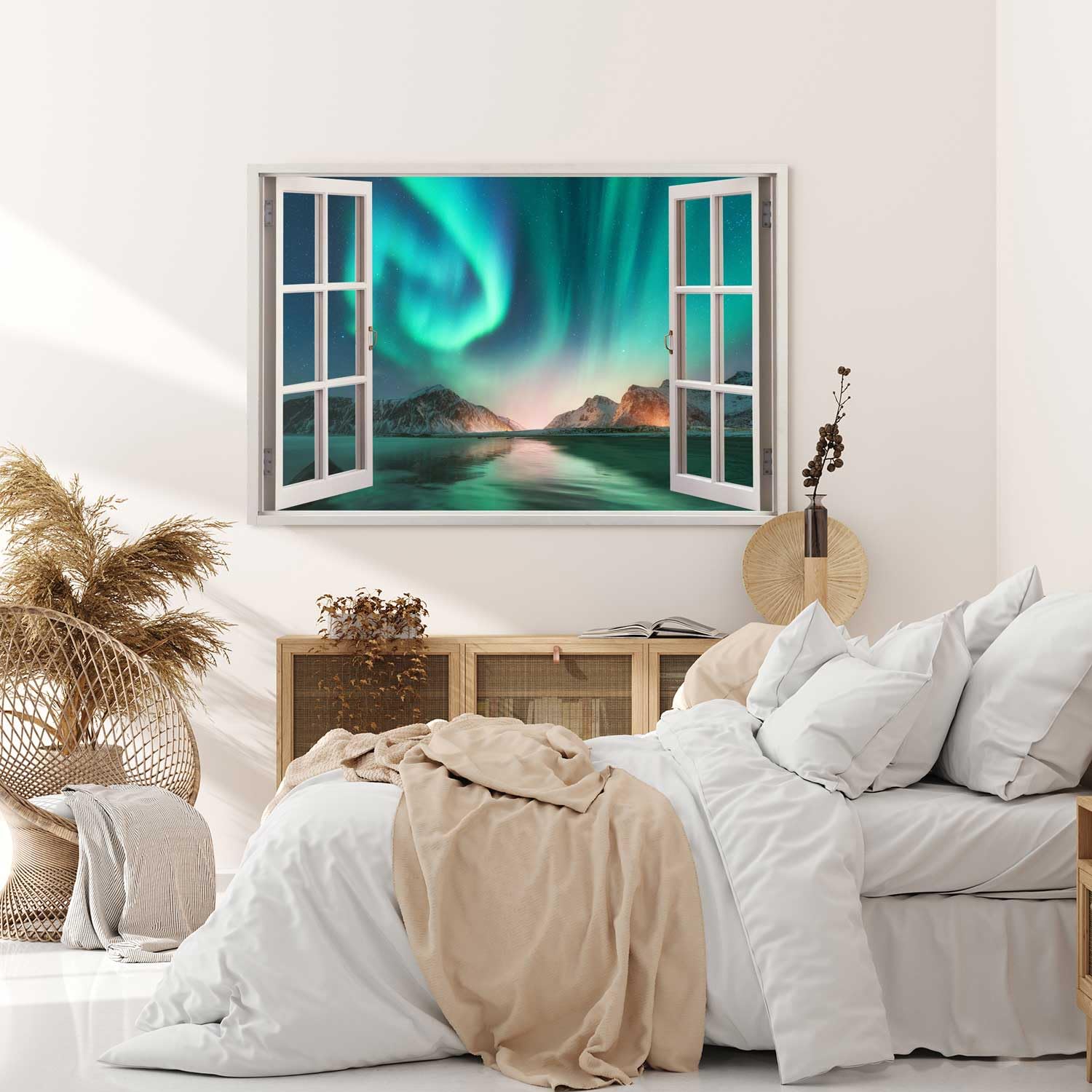Paul Sinus Wandbild 120x80cm Fensterbild Polarlichter Astrofotografie Nachthimmel Berge Grün