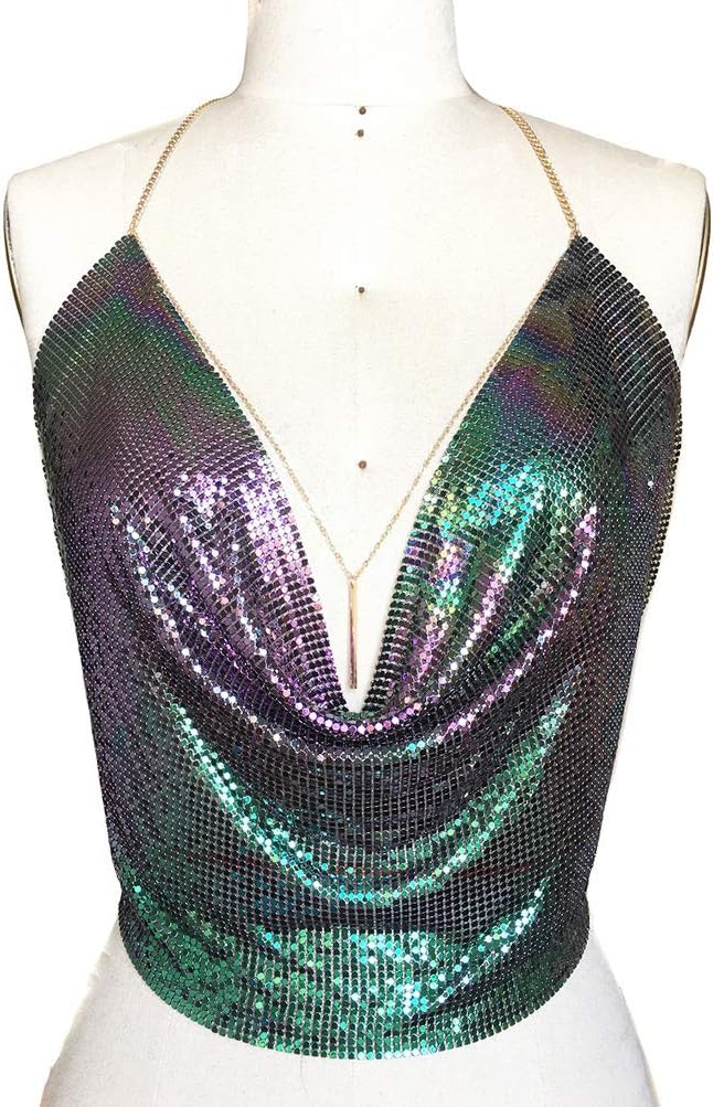 Gold Sexy Tops for Women Sparkly Deep V Neck Crop Tank Tops Cami Body Chain Top - Image 2