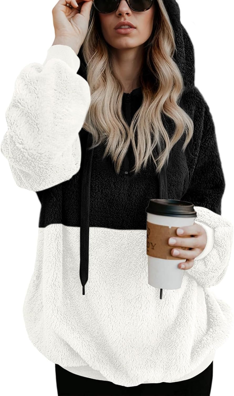 LONGYUAN Women Casual Hoodies Fashion Fuzzy Warm Pullover Sherpa Outerwear with Pockets