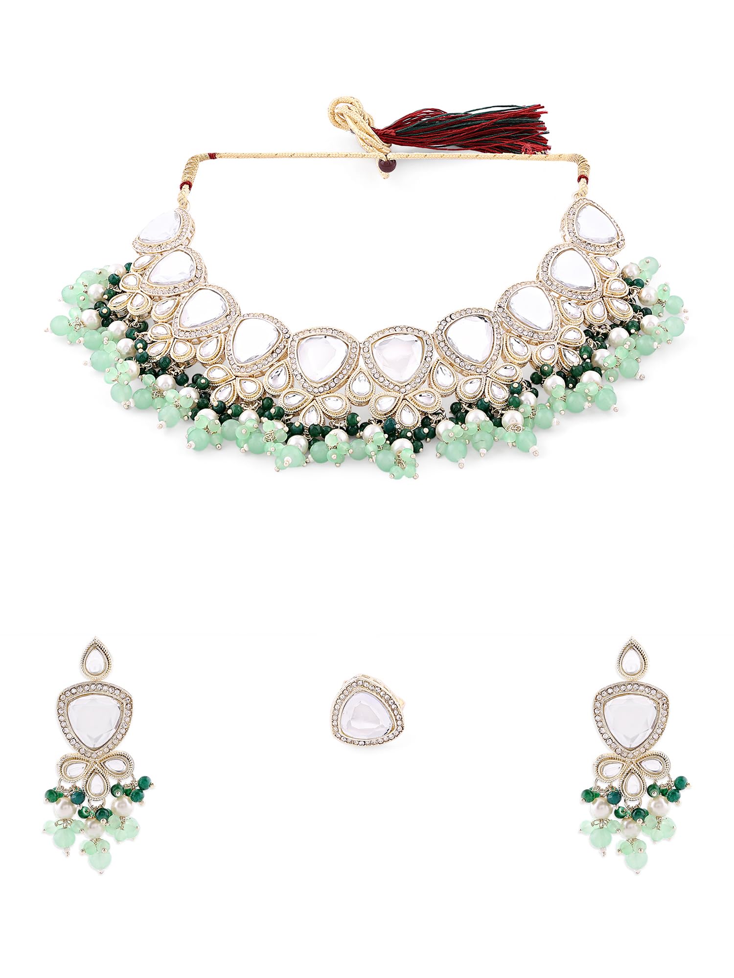 ZAVERI PEARLS Green Cluster Beads Drop Kundan Choker Necklace Earring & Ring Set For Women-ZPFK16122 (B0C4TT62FQ) Amazon Price History, Amazon Price Tracker