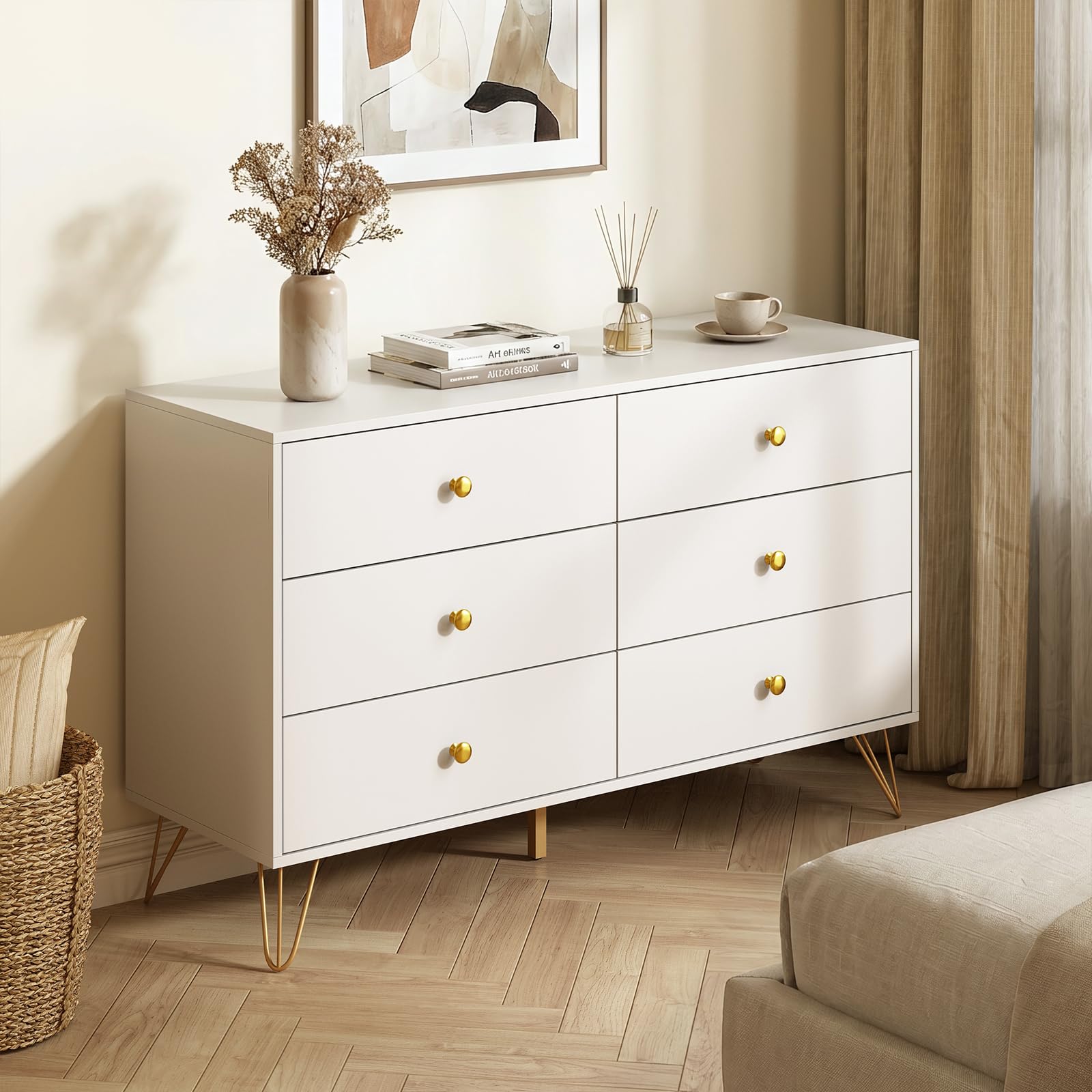 Tradare White Dresser for Bedroom, 6 Drawer Dresser with Golden Handles, Large Storage Cabinet, Modern Chest of Drawers Organizer Storage for Hallyway, Entryway : Home & Kitchen