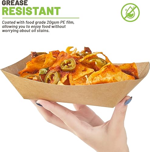 Miniatura 4 de Bandejas de papel para alimentos de 3 libras - Paquete de 100 bandejas desechables para nachos, bandejas de papel kraft para tacos, cestas para