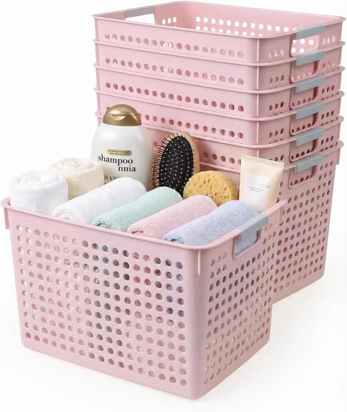 Plastic Storage Basket, 8 Pack Plastic Organizer Bins Pantry Baskets Stackable Storage Bin, Shelf Storage Bins For Pantry, Cabinet, Bedroom, Closet, Bathroom (Pink)