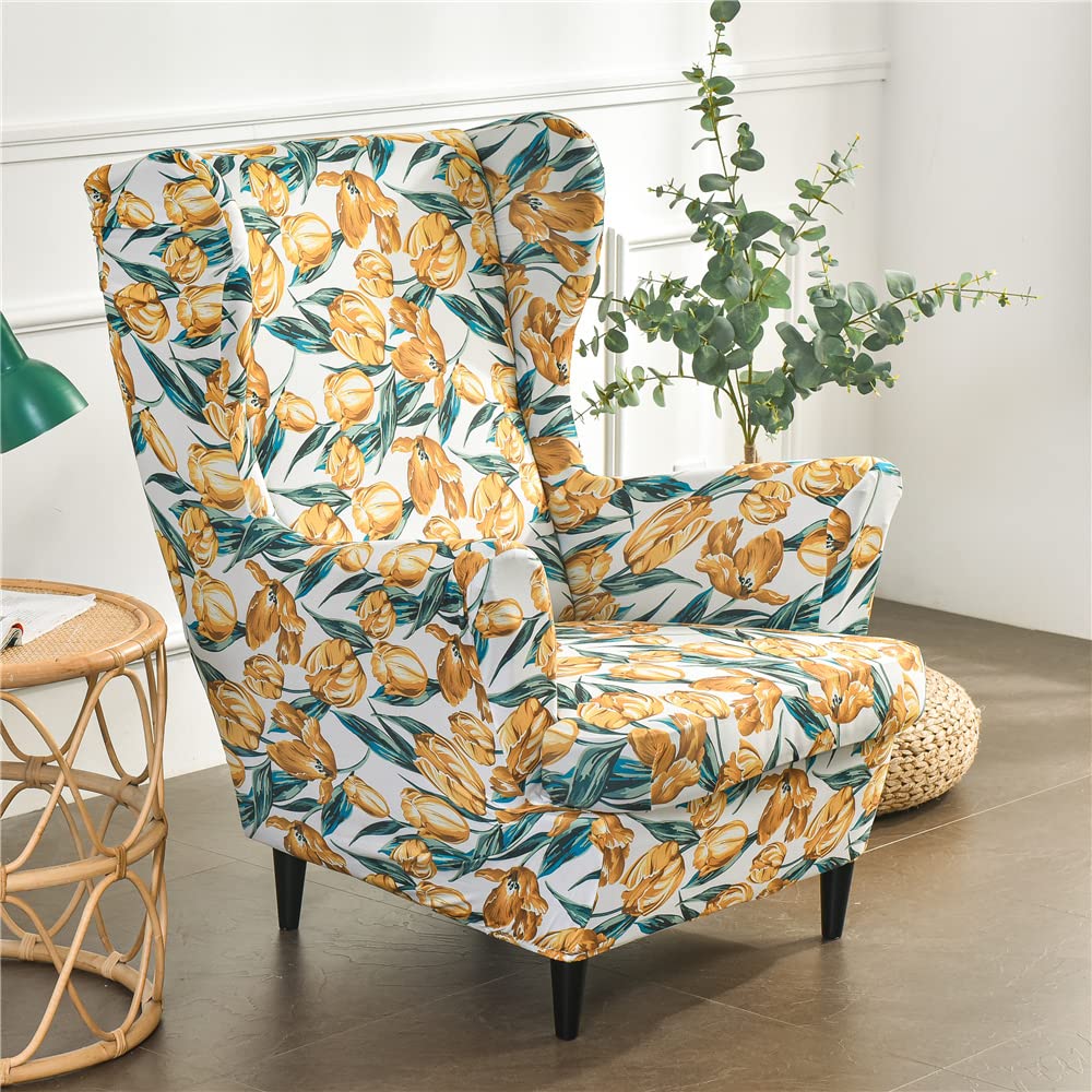 Highdi Copripoltrona Con Orecchie Elasticizzato | 2 Pezzi Con Fodera Cuscino | Foglie Fiore Copridivano 1 Posto Lavabile