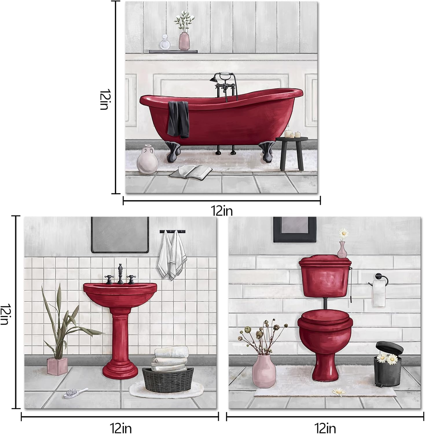 HOMEOART Bathroom Wall Art Bath Tub Painting Picture Bathroom Wall Decor Framed Ready to Hang 12x12inchx3 (Red)