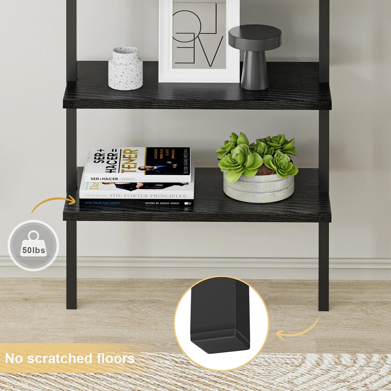 Shahoo Ladder Shelf, 5-Tier Bookshelf with Metal Frame, Open Display Organizer Rack, Wood Wall Mounted, Storage Shelves for Living Room, Hallway, Office, Black(2 Pieces)