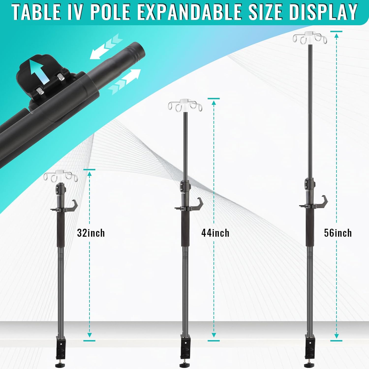 Table IV Poles,32 to 56In Telescopic Desktop IV Stand with 4 IV Bag Holder Portable Frosted Pipe Extension Pole IV Influsion Pole with Storage Hook for Home Hospital Clinic (Black)