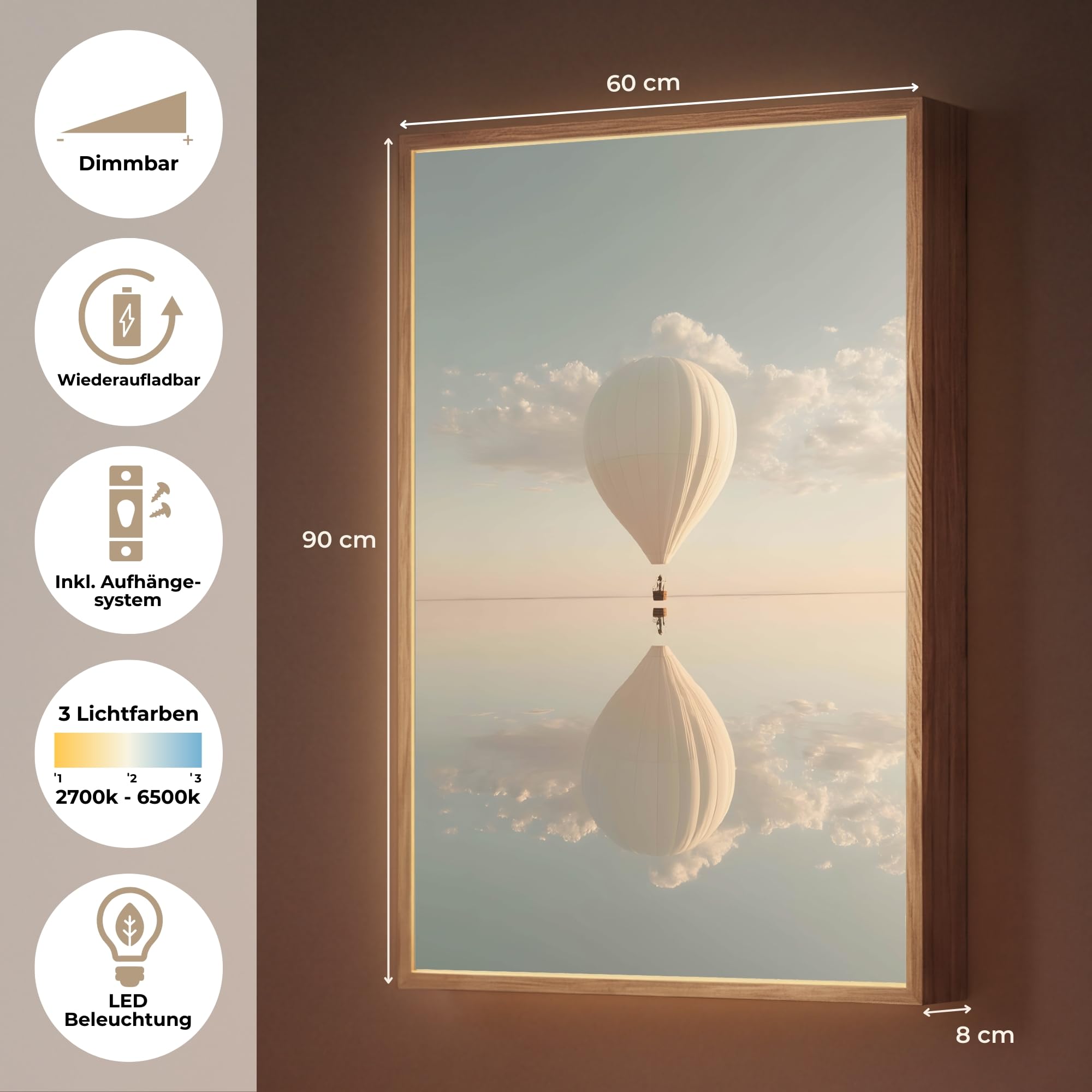LED Wandlicht Innen 60x90 cm Aufladbar Dimmbare Nachtleuchte Schlafzimmer Wandlampe Nachtlicht Modern Design Stillen Wandleuchte Wand Licht Heißluftballon - Wolken - Wasser - Blau
