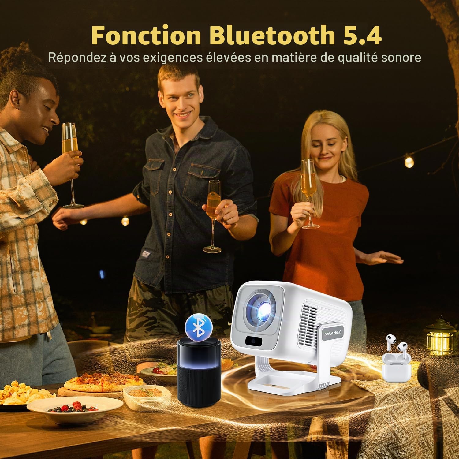 Salange Vidéoprojecteur Portable 4K FHD 1080P, WiFi Bluetooth Pico Retroprojecteur,Autofocus Automatique, Mini Projecteur Video avec Android 14.0 Home Cinéma, réglable à 180°, Blanc