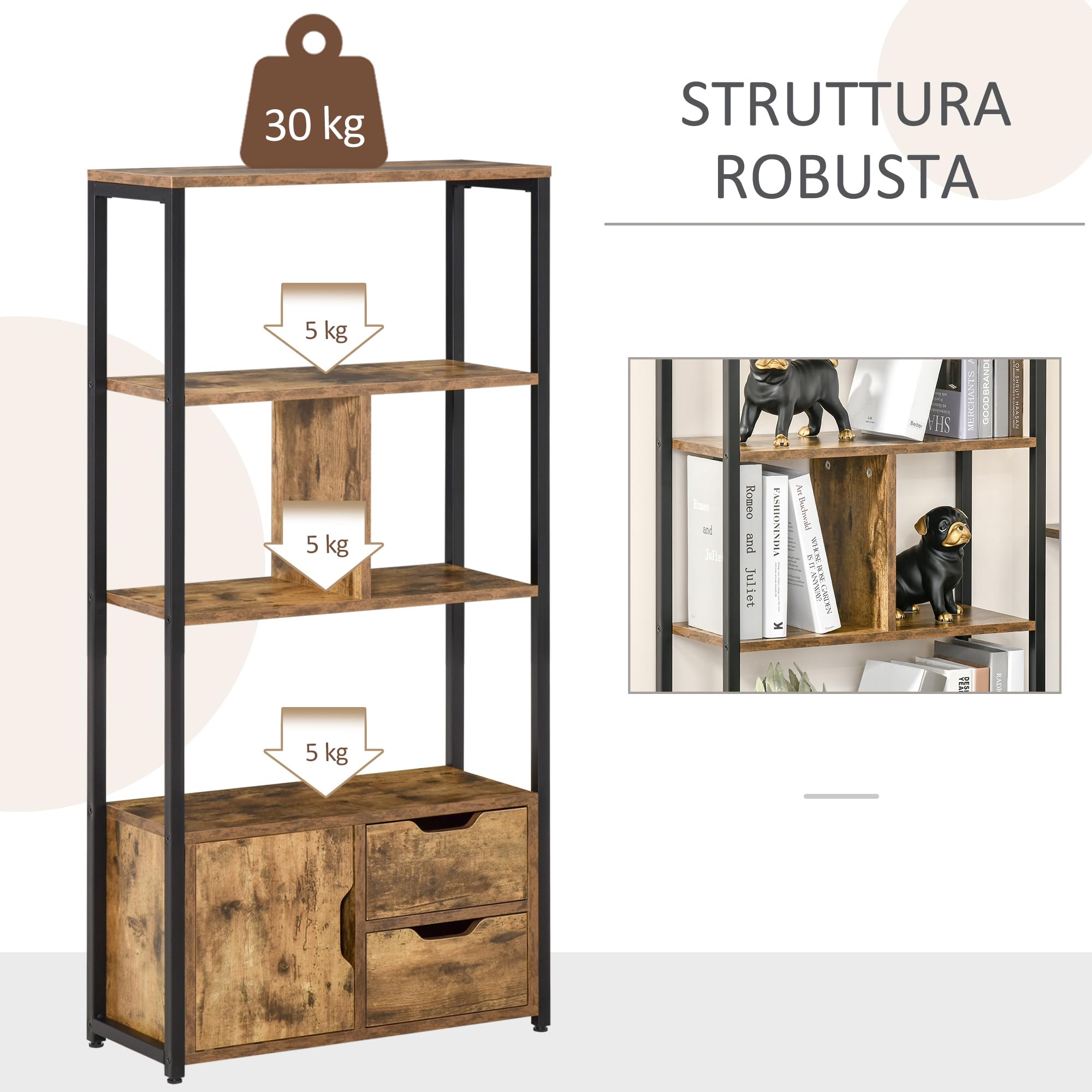 HOMCOM Mobile Libreria Stile Industriale, 58x24x122cm, Nero Legno