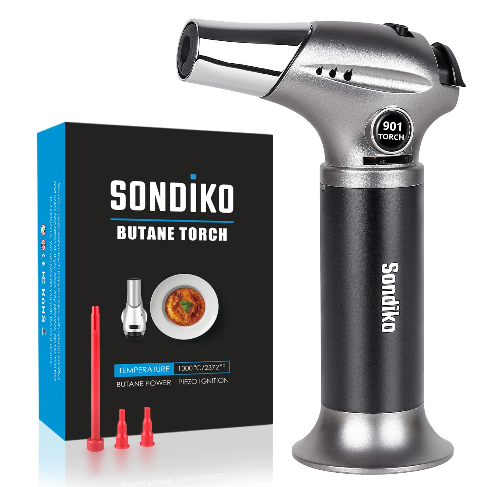 Sondiko Refillable Lighter, Fit All Butane Tanks with Safety Lock, Adjustable Flame and Continuous Mode Kitchen Torch for Dessert, Baking, BBQ