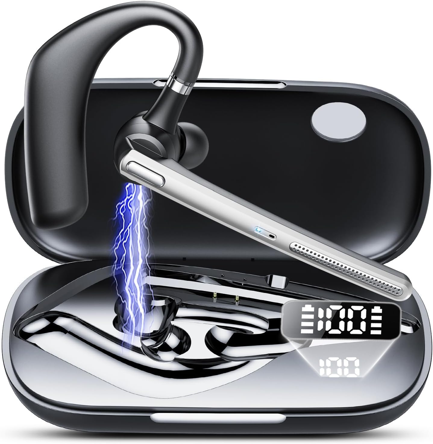 CASCHO G10 Bluetooth Headset with LED display showing battery life and charging case