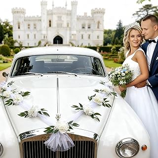 Wedding Car Decorations - Just Married Floral Bouquet & Ribbon Set, Ideal for Elegant Wedding Party Decor, White, ElekTonny0620