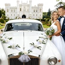 Wedding Car Decorations - Just Married Floral Bouquet & Ribbon Set, Ideal for Elegant Wedding Party Decor, White, ElekTonny0620