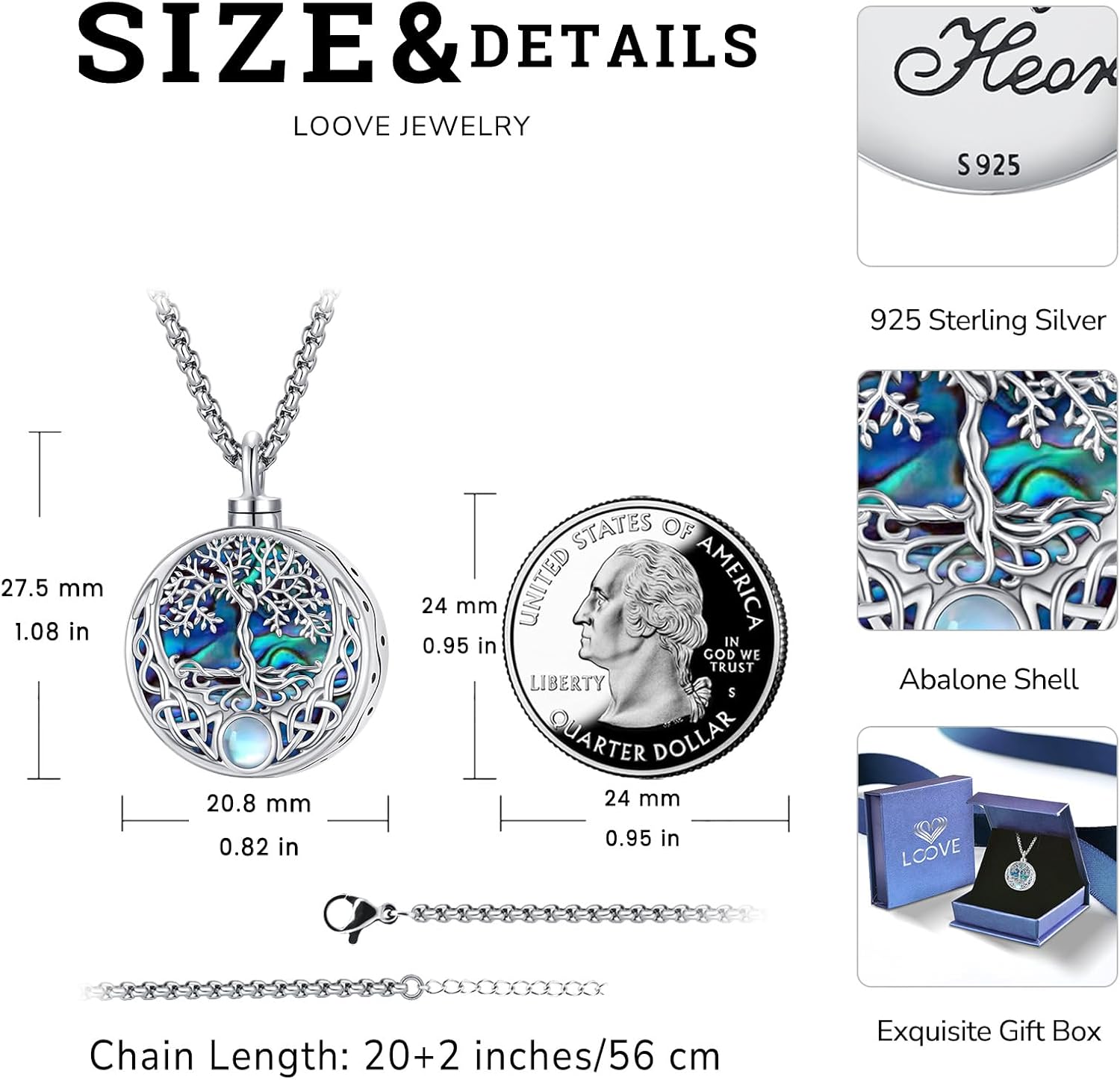 Tree of Life Necklace Sterling Silver Crystal Abalone Shell Tree Pendant with Heart Family Tree Jewelry for Women Mother's Day Gifts - Image 4