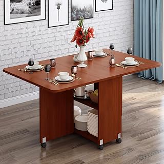 Kitchen Dinner Table, Expandable Folding Dining Table with 6 Wheels, Rectangle Wood Drop Leaf Table, Round Edge Design (Oak) (Teak)