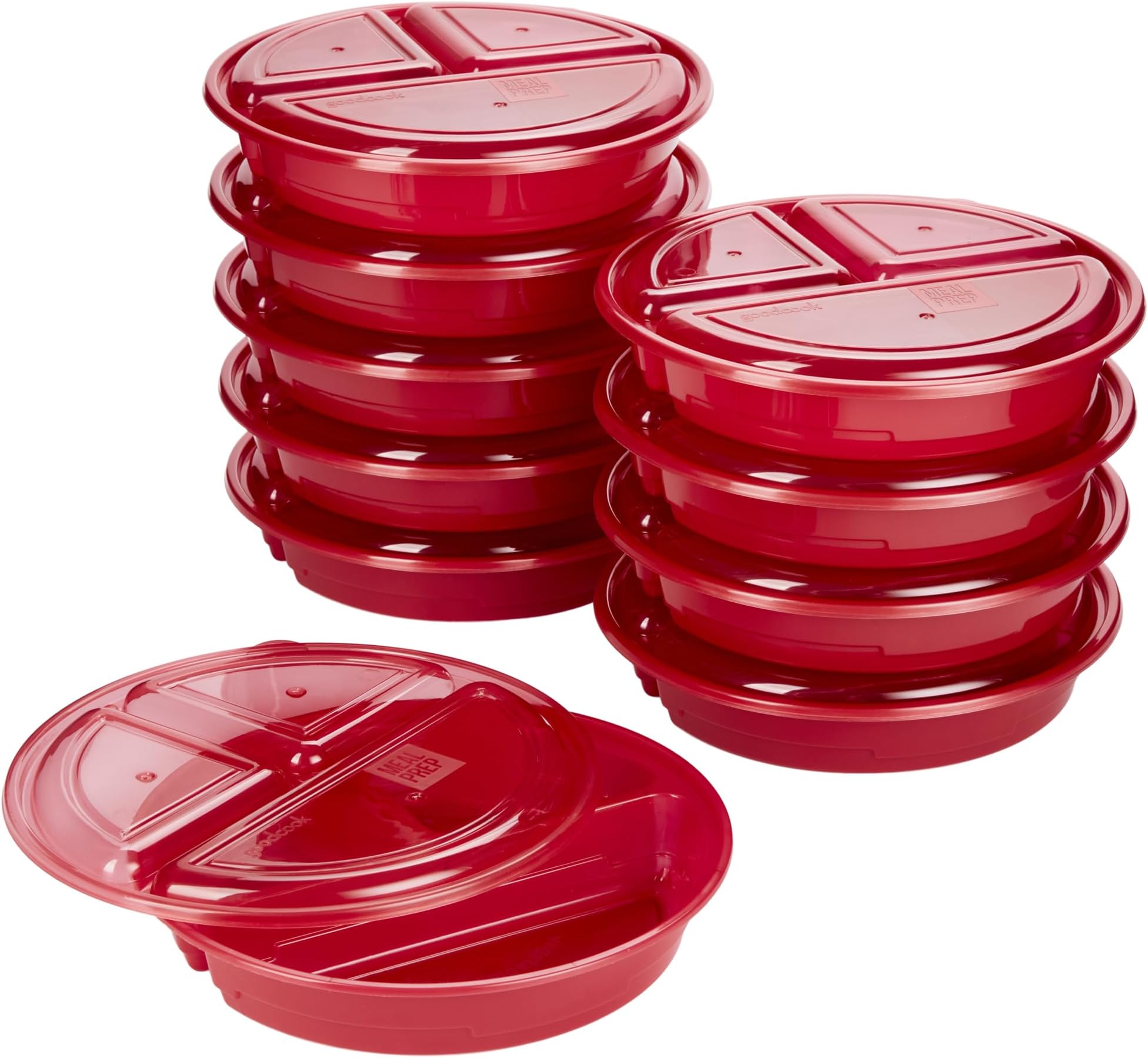 GoodCook BPA Free Meal Prep Round 3 Compartment Containers Set of 10 - Microwave & Dishwasher Safe Food Organizer, Food Storage Set with Snap Lid, Meal Prep Kitchen Containers