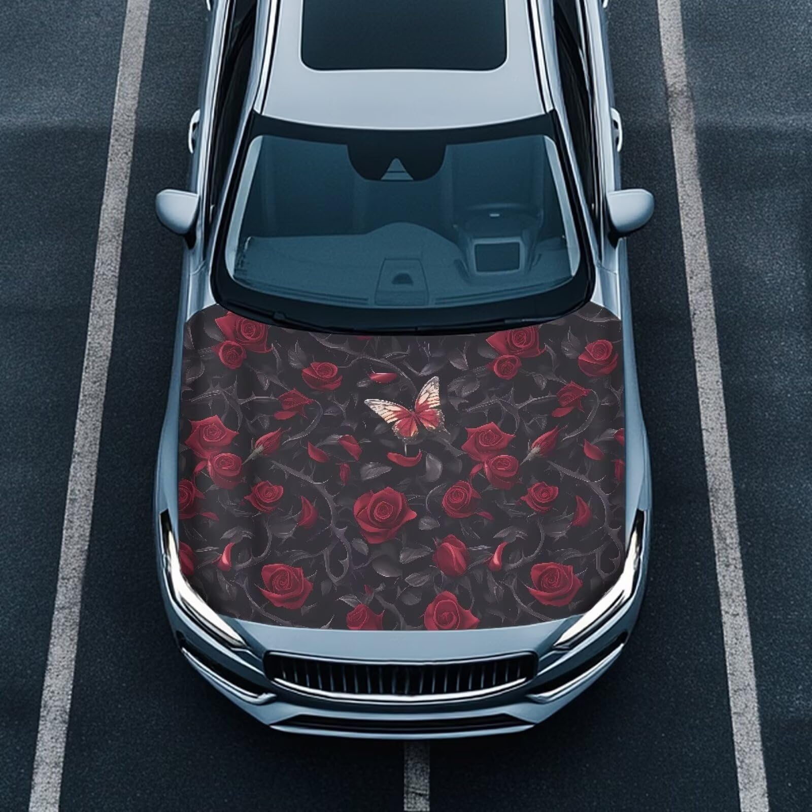 Uskorhein Rose Car Hood Covers for Automobiles, Thorny Rose Gothic Butterfly 3X5FT Stretchable Polyester Suitable for Most Vehicles Sedans Trucks,