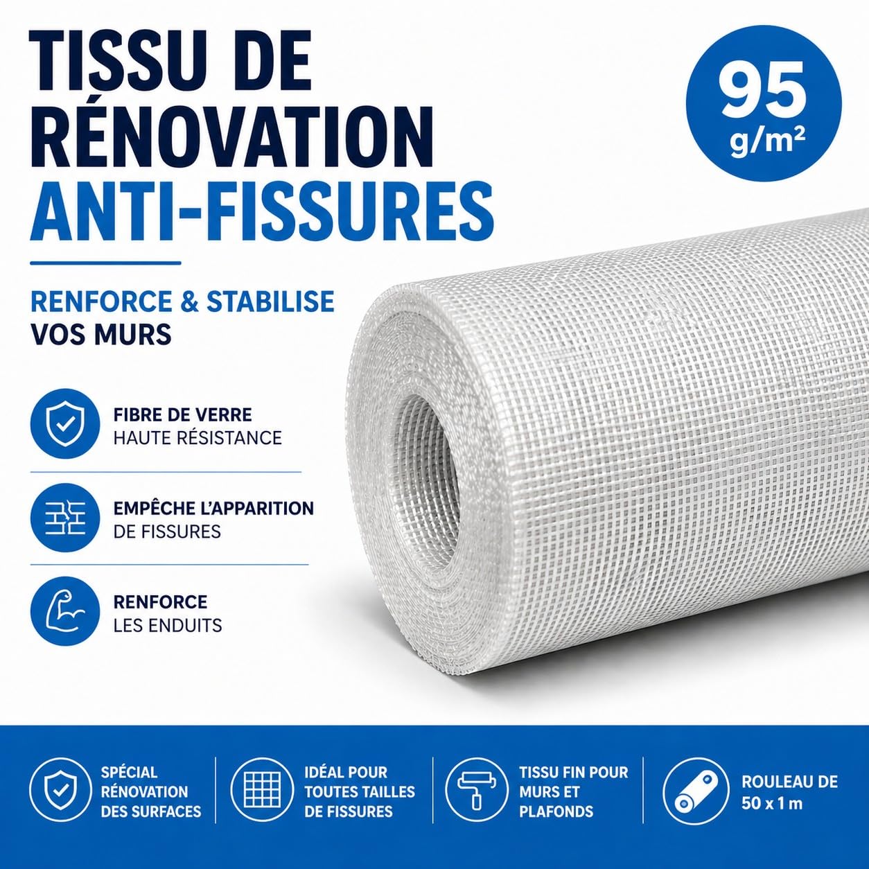 Semin FISS RENOV 95 g/m² – Tissu de Rénovation Mur & Plafond – Anti Fissures & Renfort Enduit – Fibre de Verre – Rouleau 50 x 1 m – Résistance Maximale
