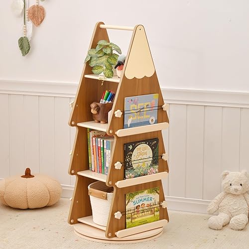 Miniatura 8 de Estantería giratoria de madera de pino de 4 niveles para niños y adultos, torre giratoria de árbol, estantería giratoria de 360 para biblioteca,