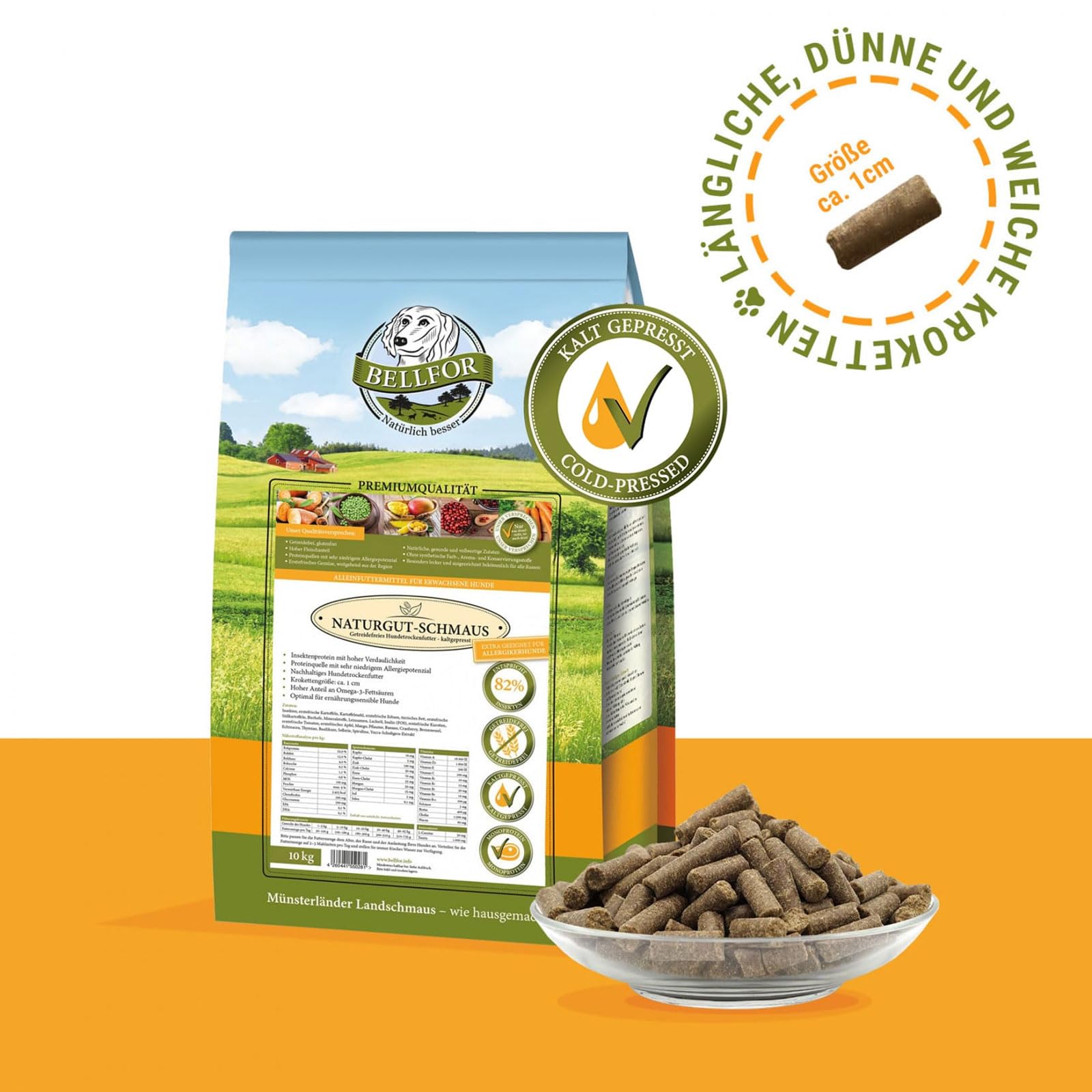 Bellfor Naturgut-Schmaus Hochwertiges Kaltgepresstes Hypoallergenes Trockenfutter für Hunde mit Insekten Getreidefrei Optimal für Ernährungssensible Hunde (10 kg)
