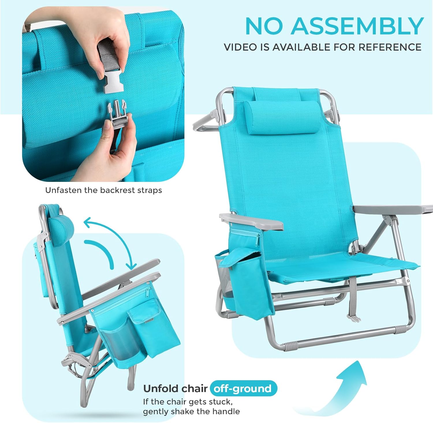 TLSUNNY Backpack Beach Chair for Adults, W/ 5-Position Lay Flat & Headrest, Folding Reclining Beach Chair W/Storage Bag, Cooler Pouch,Towel Bar, Foot Mat, 25" W, for Outdoor Camping (1, Sky Blue)