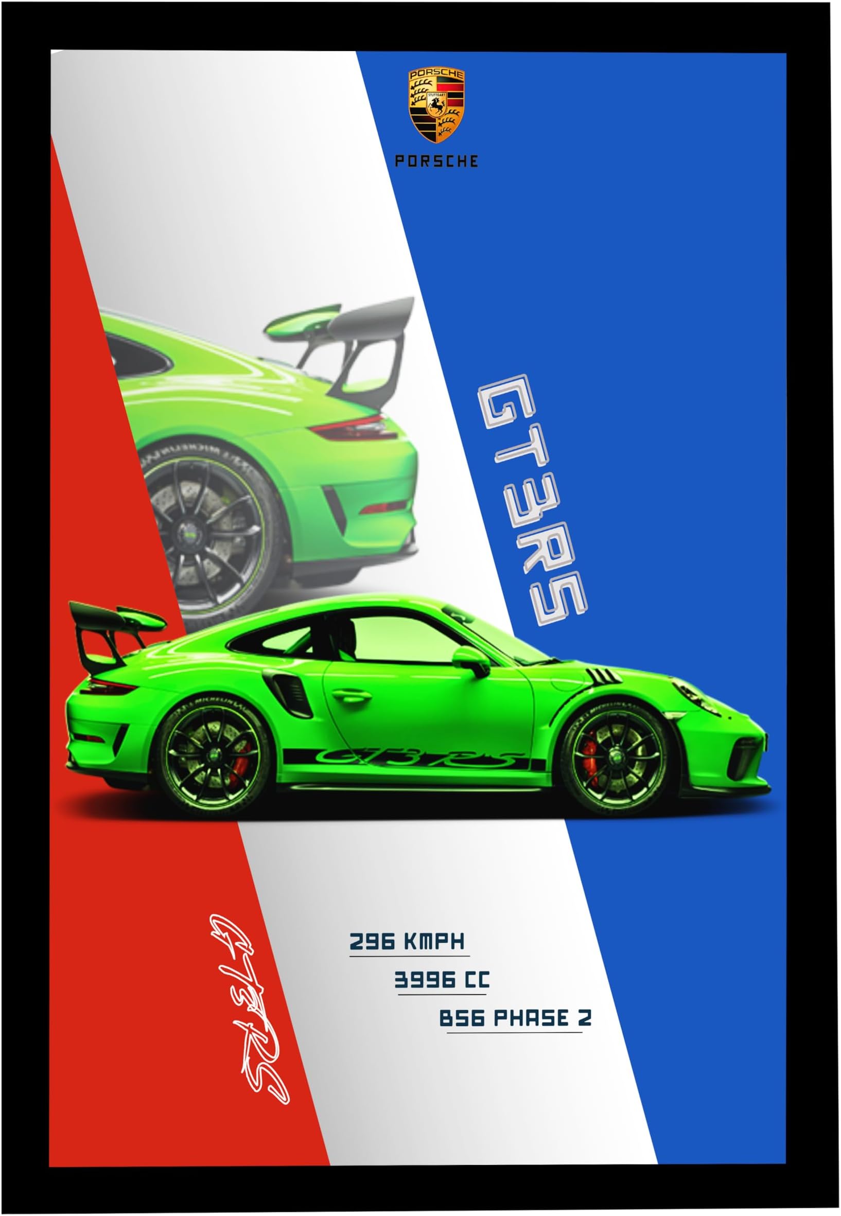 Ready to Hang Wall Decor | Porsche GT3RS 2019 Car Poster | Automotive Art | High-Performance Vehicle Wall Decor for Home & Office- Red & Blue Themed