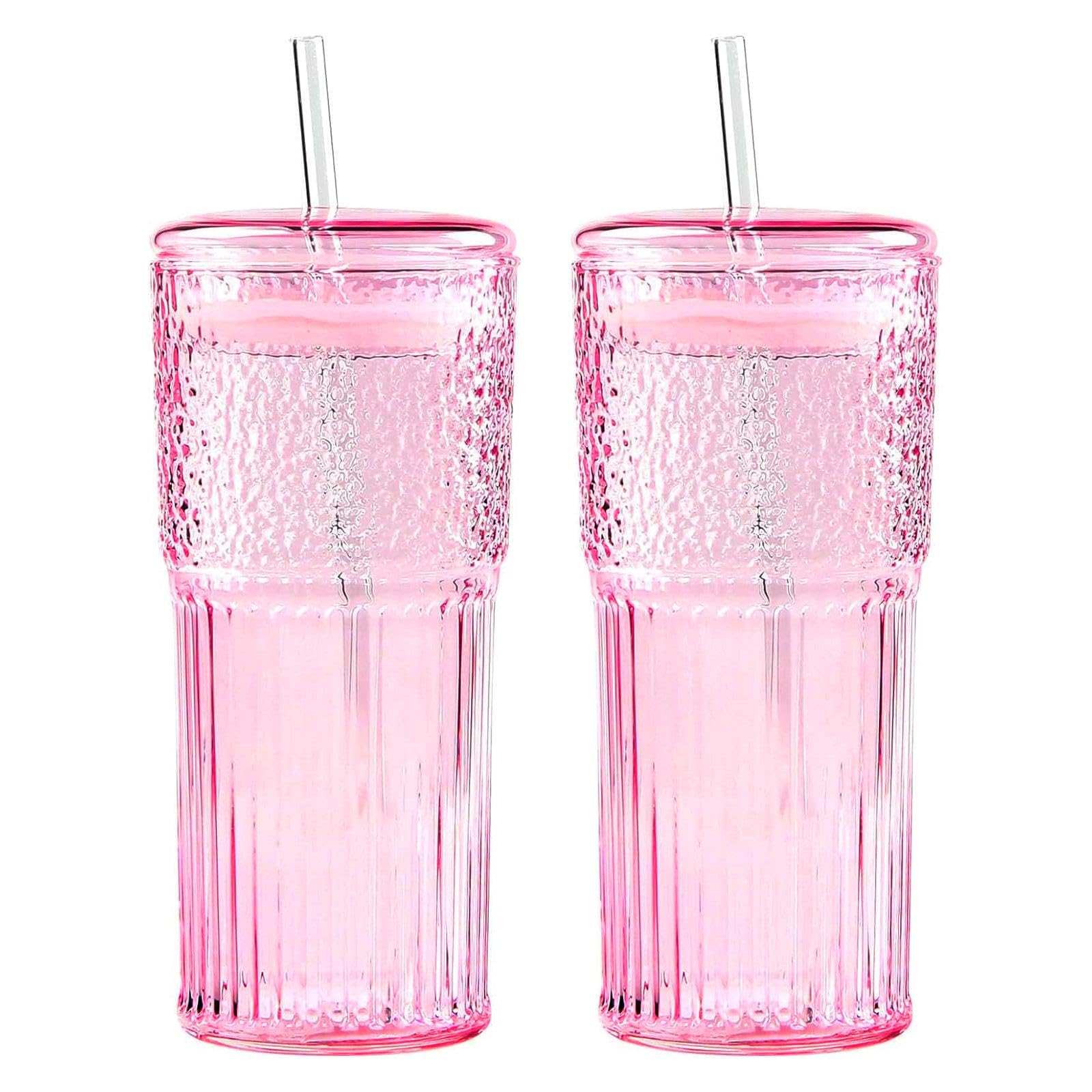 KOOSREEL Iced Coffee Cup, 2 Pack 20Oz/600ml Clear Glasses Cups with Lids and Glass Straws Drinking Glasses for Milk, Ice Water, Juice, Coffee, Soda,Cocktail,Cold or Hot Drinks