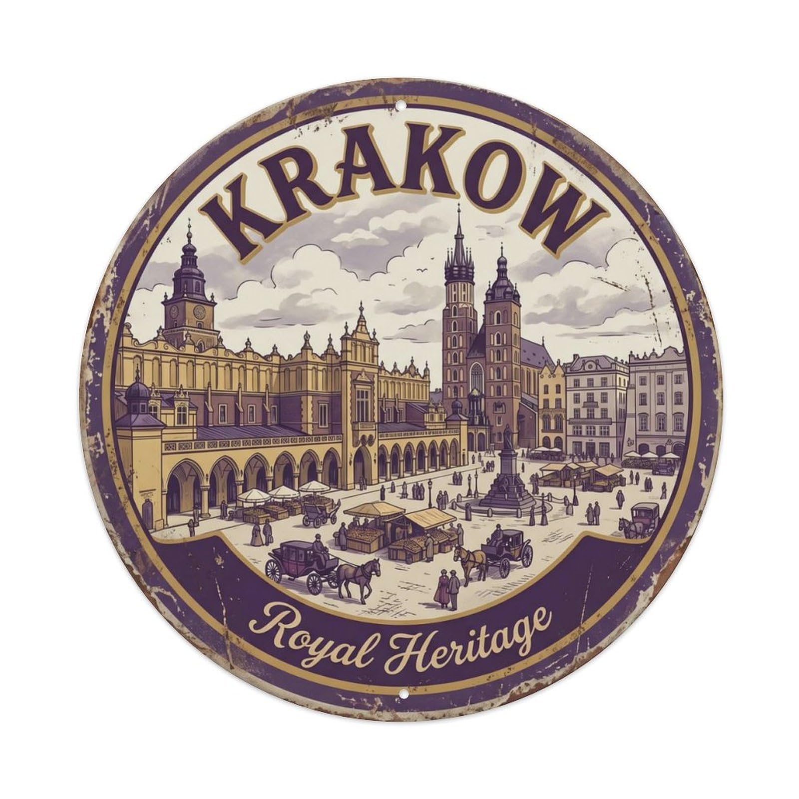 Vintage Travel Krakow Poland Square Metal Tin Sign Plaque Wall Decor for Cafe, Club Bar, Office, Home Garden Round Metal Poster 8x8Inch