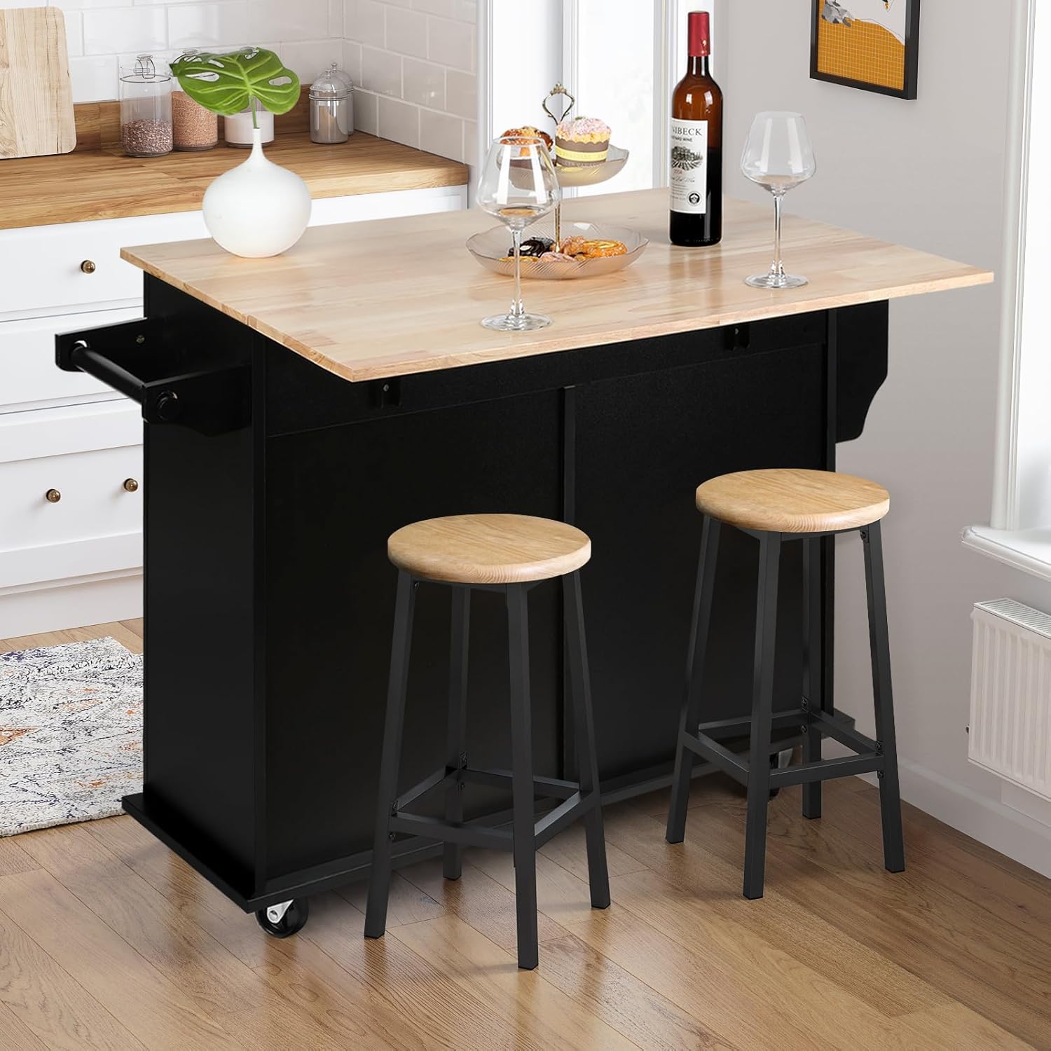 VOWNER 43" W Kitchen Island with Drop Leaf, Rolling Kitchen Island with Drawers, Portable Island Kitchen with Storage, Butcher Block Kitchen Cart with Spice Rack & Towel Rack (Black)