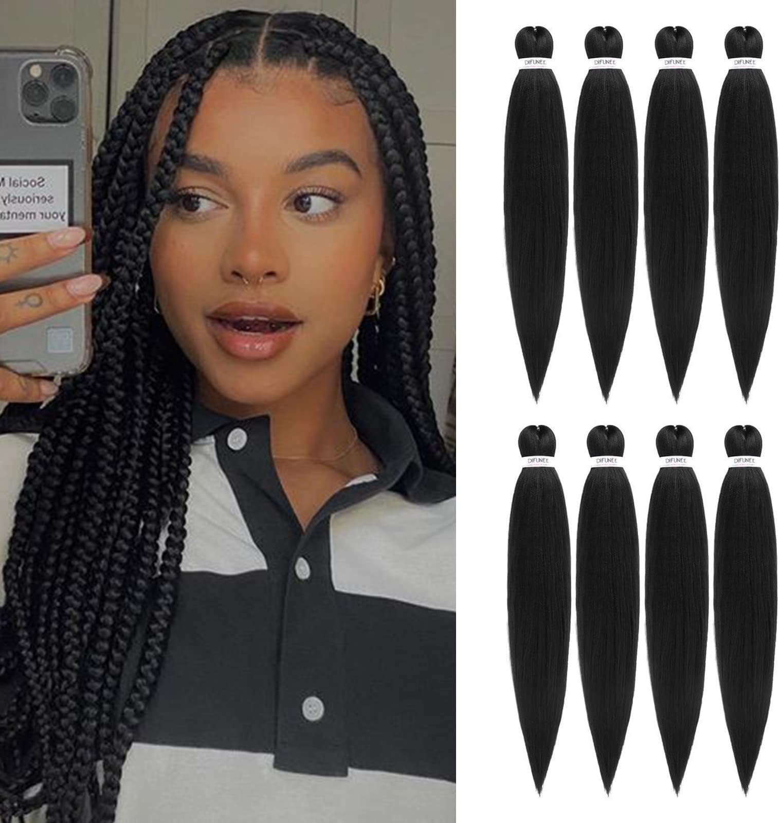 DIFUNEE Pre-stretched Braiding Hair - 22 Inch 8 Packs Natural Black Long Braiding Hair For Twist or Box Braids, Yaki Texture Hot Water Setting Synthetic Braiding Hair Extensions (22 Inch, 1B-8P)