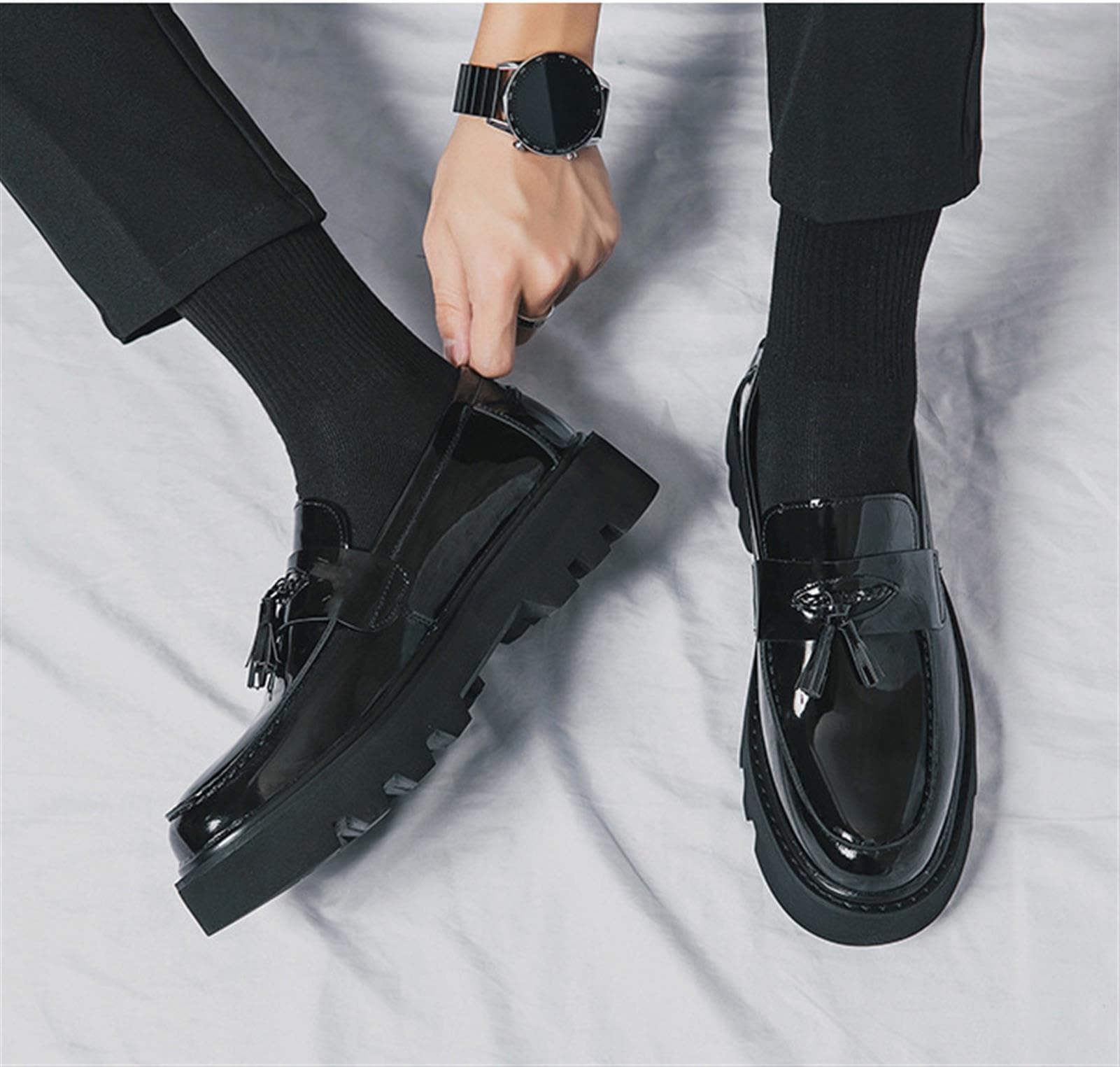 Mocasines con Borlas para Hombre Charol Plataforma Chunky Zapatos de Vestir Punk Tachuelas Slip-On Casual