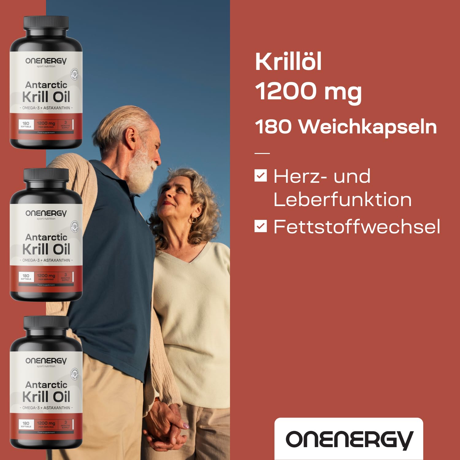 Krillöl 1200 mg – Omega-3, Cholin und Astaxanthin – 180 Kapseln – Öl aus antarktischem Krill – Unterstützung für Herz und Leber – Hilfe beim Fettstoffwechsel – Frei von Gluten und Laktose