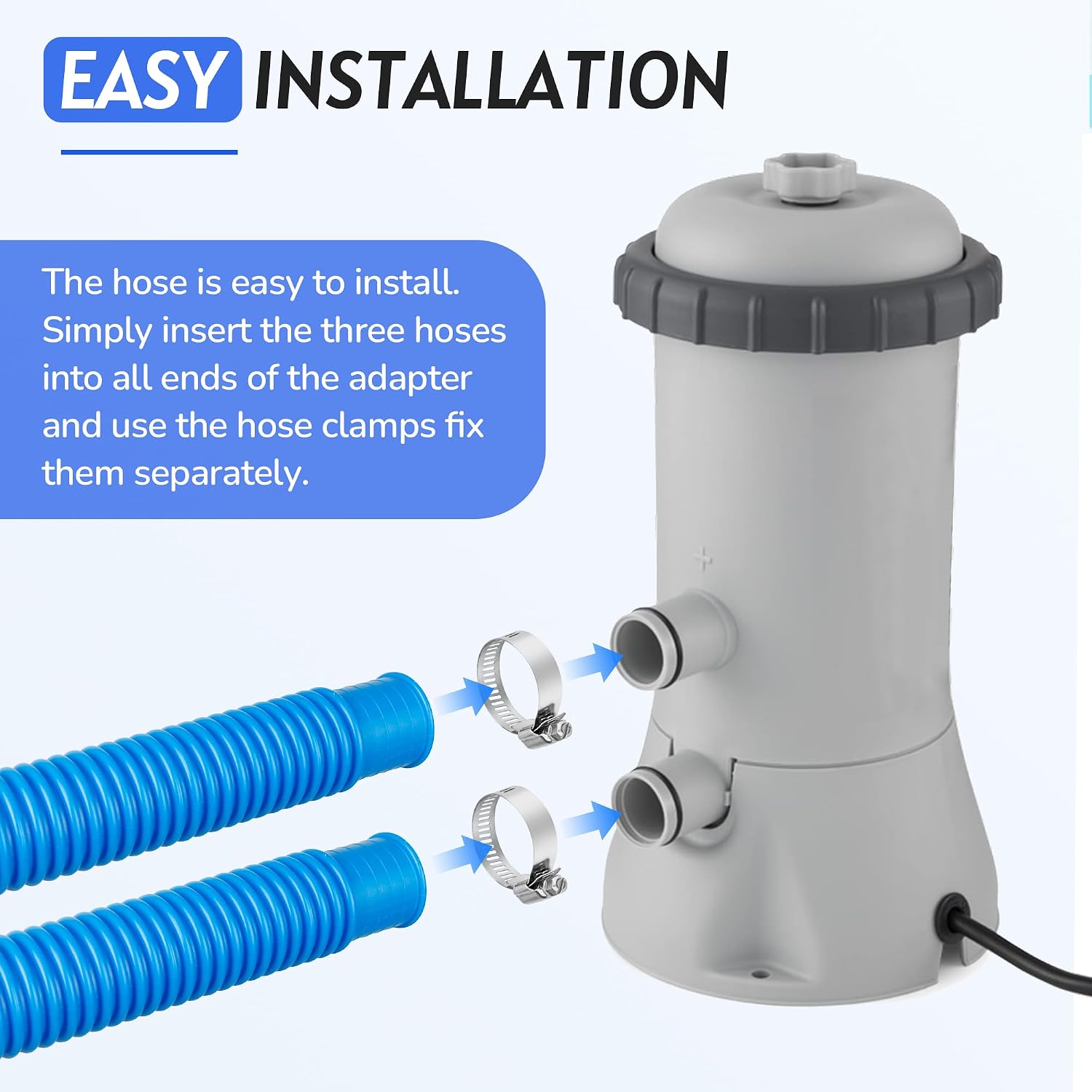 Above Ground Pool Hose Replacement - 1.25" Diameter x 59" Long, Pack of 3 Blue Premium Hoses with 6 Metal Clamps - Compatible with Intex,Coleman 607, 637 Pumps & 330, 530, 1000 GPH Filters