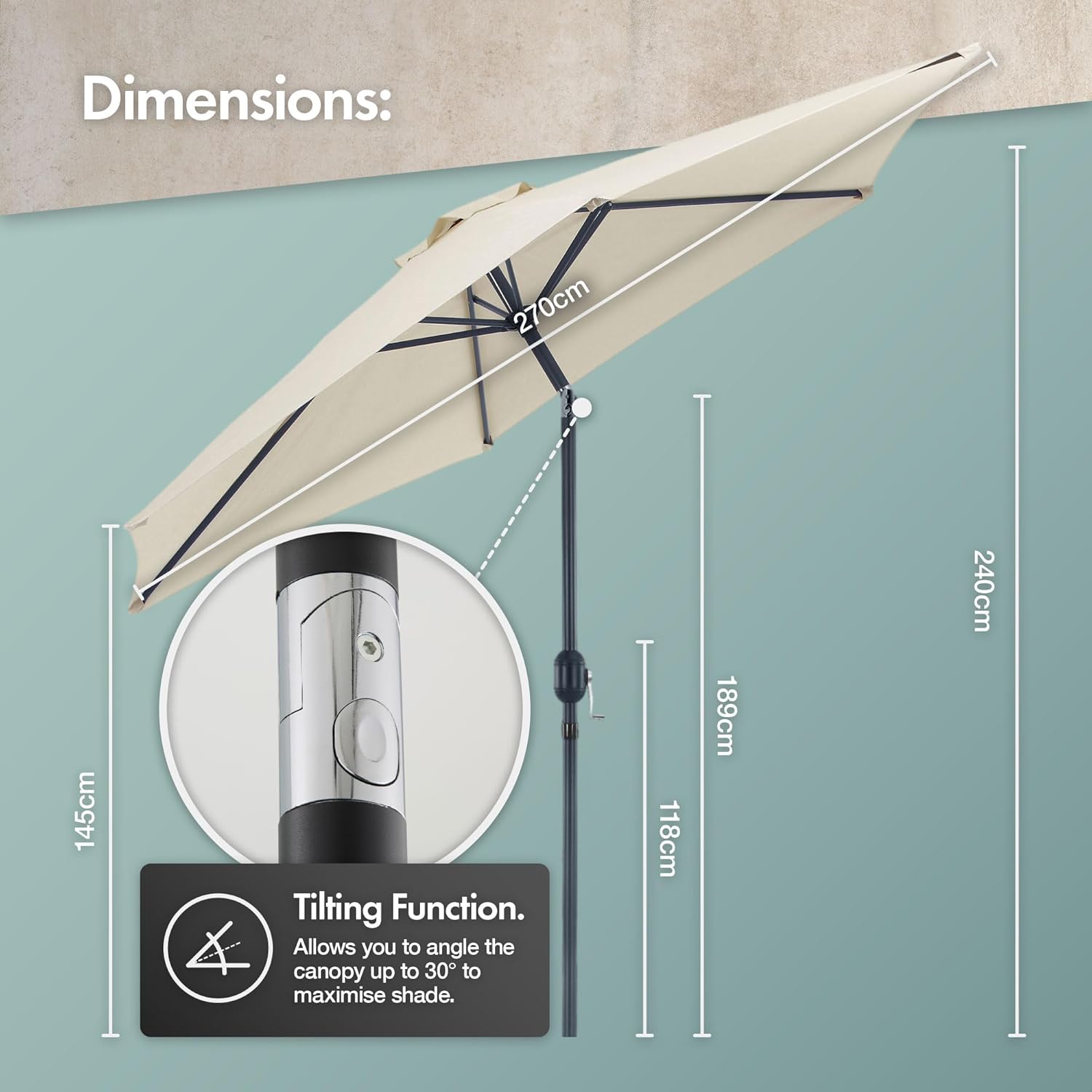 VonHaus 8.8 Feet (2.7meter) Steel Powder Coated Ivory Garden Patio Parasol Umbrella