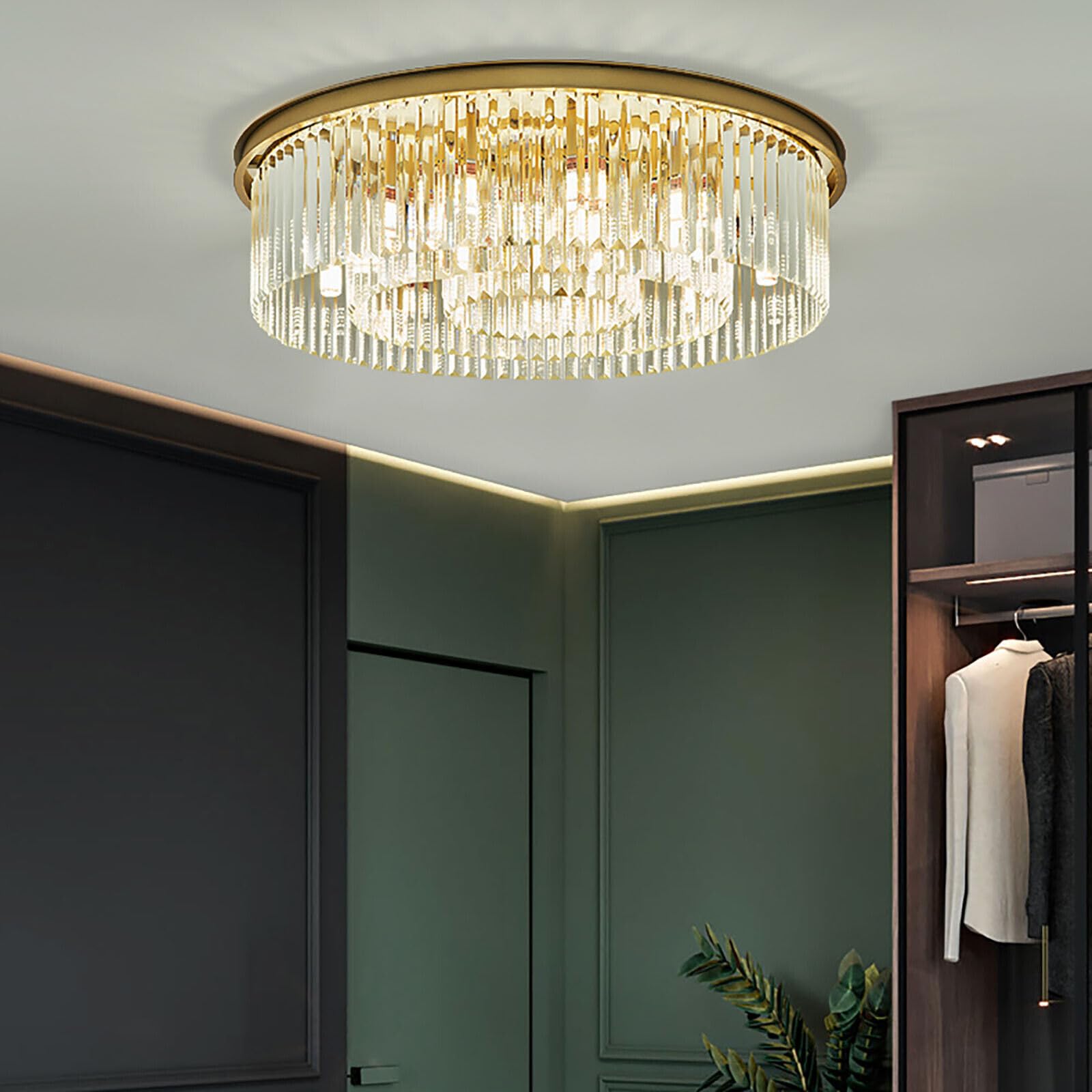 Żyrandol kryształowy o średnicy 60 cm, złoty kryształowy żyrandol, okrągły i przezroczysty, do salonu, sypialni, lampa LED E14.