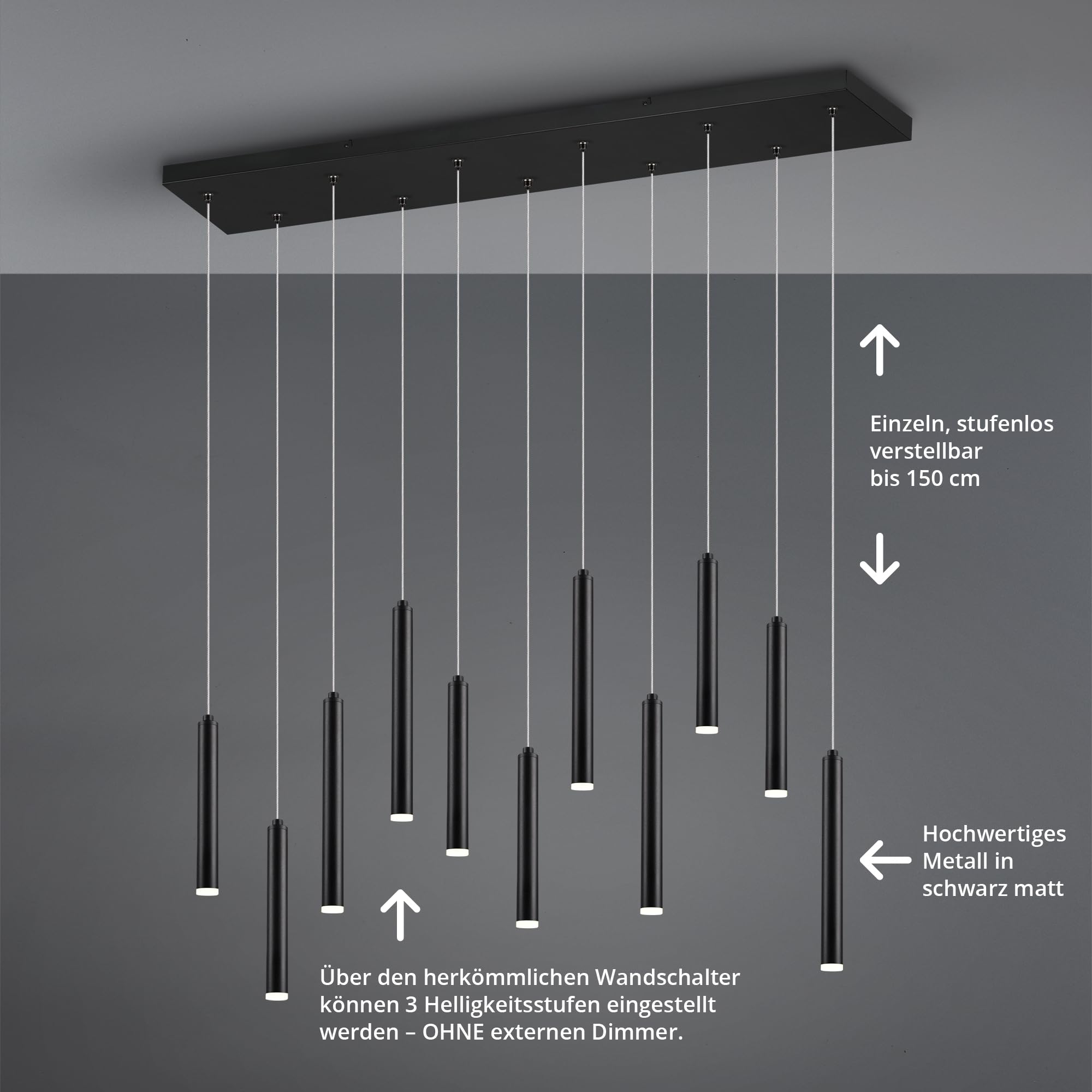 Trio Leuchten LED Pendelleuchte Tubular 321611132, Metall Schwarz matt, inkl. 11x 2.8 Watt LED, Switch Dimmer